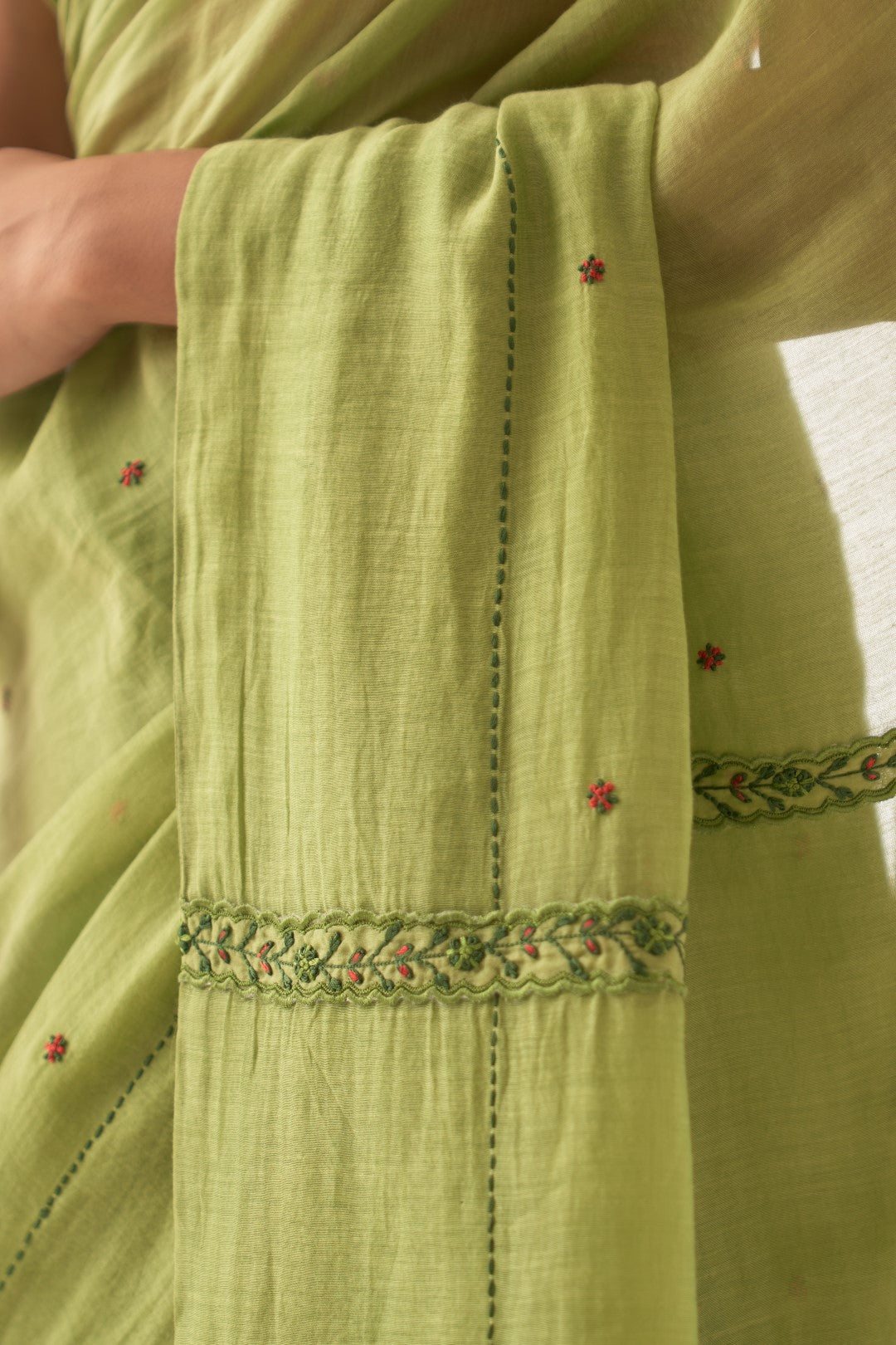 Green Chanderi Saree With Stitched Chanderi Blouse and Organic Cotton Stitched Petticoat ( 03 Pcs. )