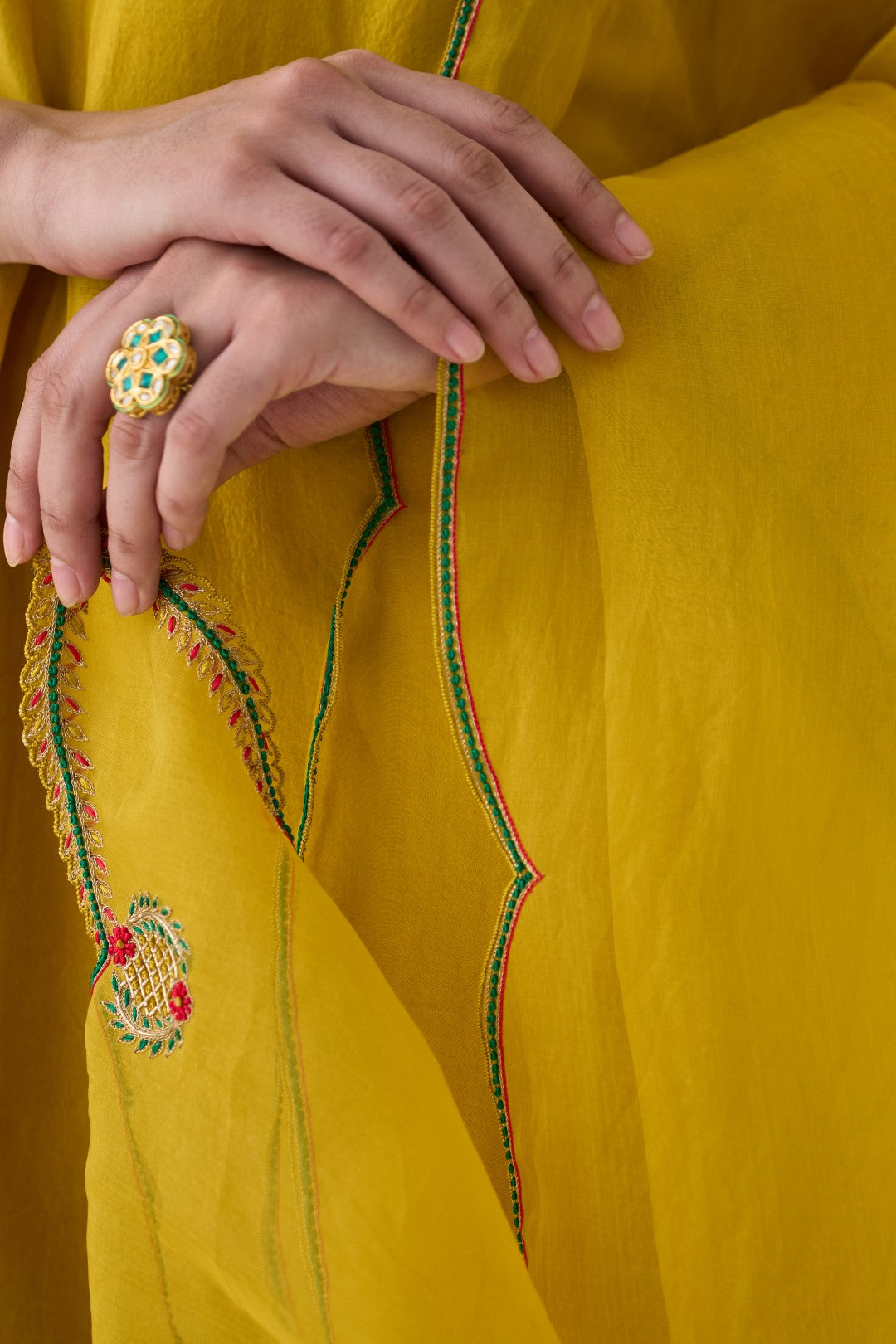 Yellow Silk Dupion Embroidered Kurta, Silk Pant & Organza Dupatta (03 Pcs.)