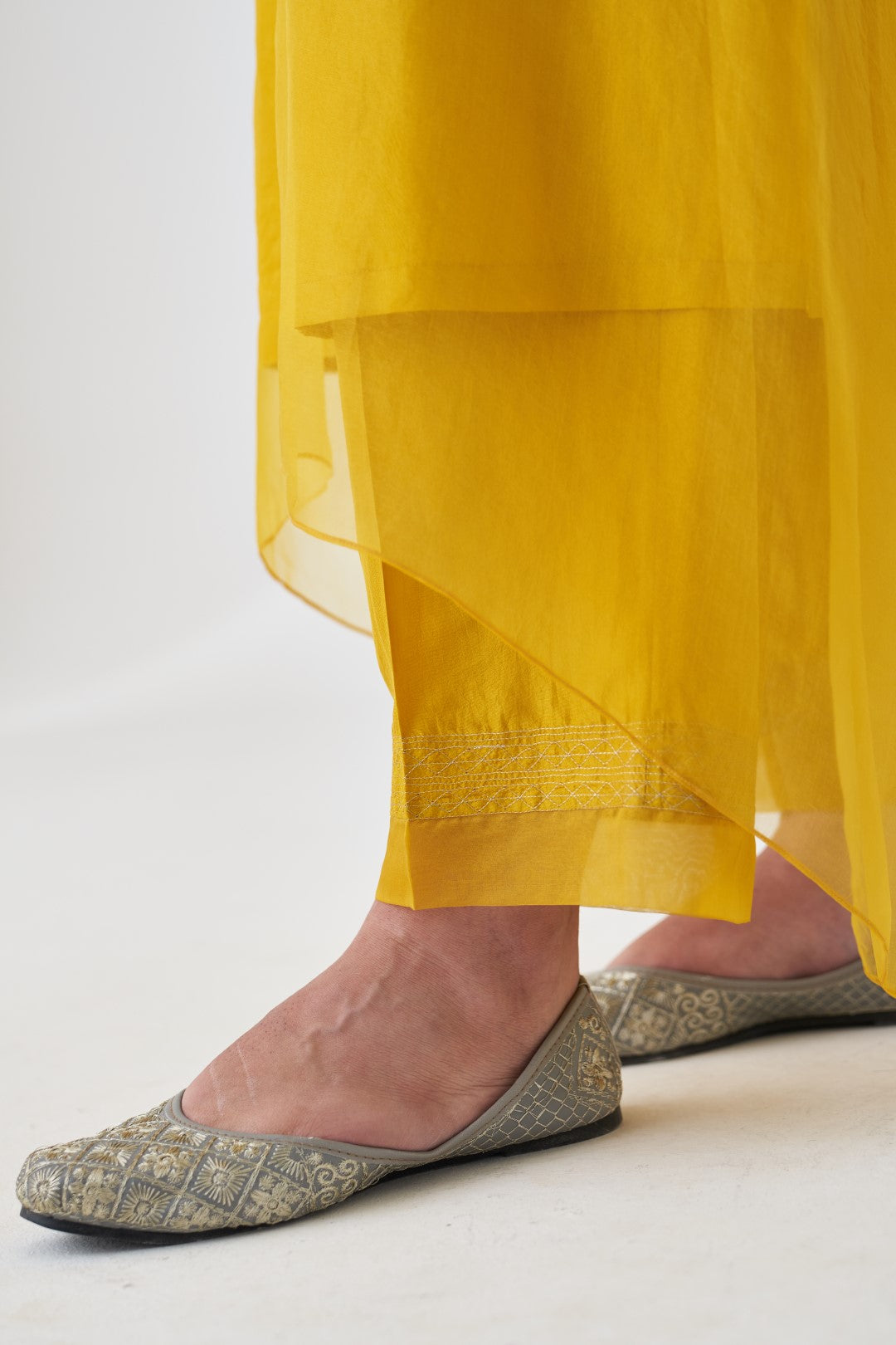 Yellow Organza Multicoloured Embroidered Kaftan Paired with Silk Slip and Pant (03 Pcs.)