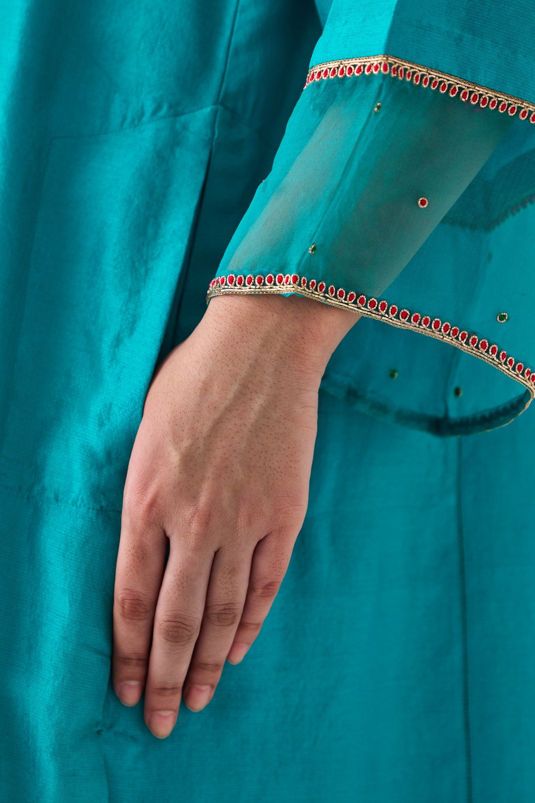 Turquoise Silk Dupion Embroidered Kurta Paired with Silk Pant & Organza Dupatta (03 Pcs.)