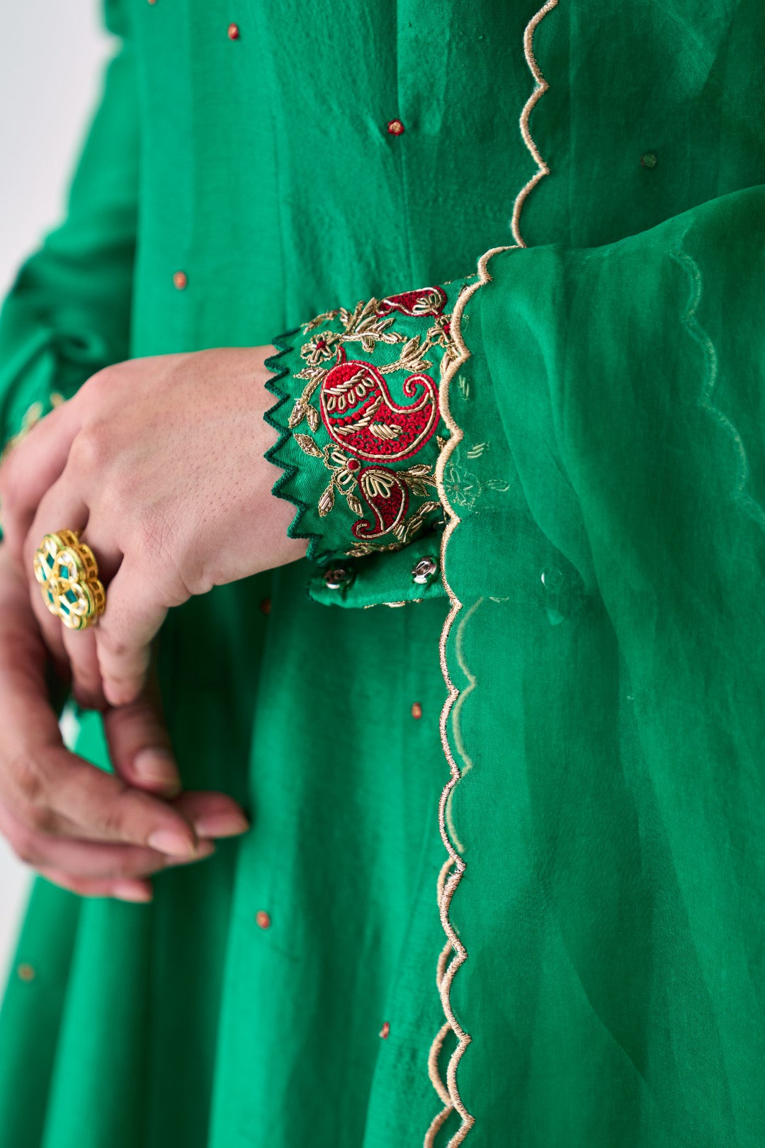 Green Silk dupion Embroidered Anarkali with Silk Pant & Organza Dupatta (03 Pcs.)