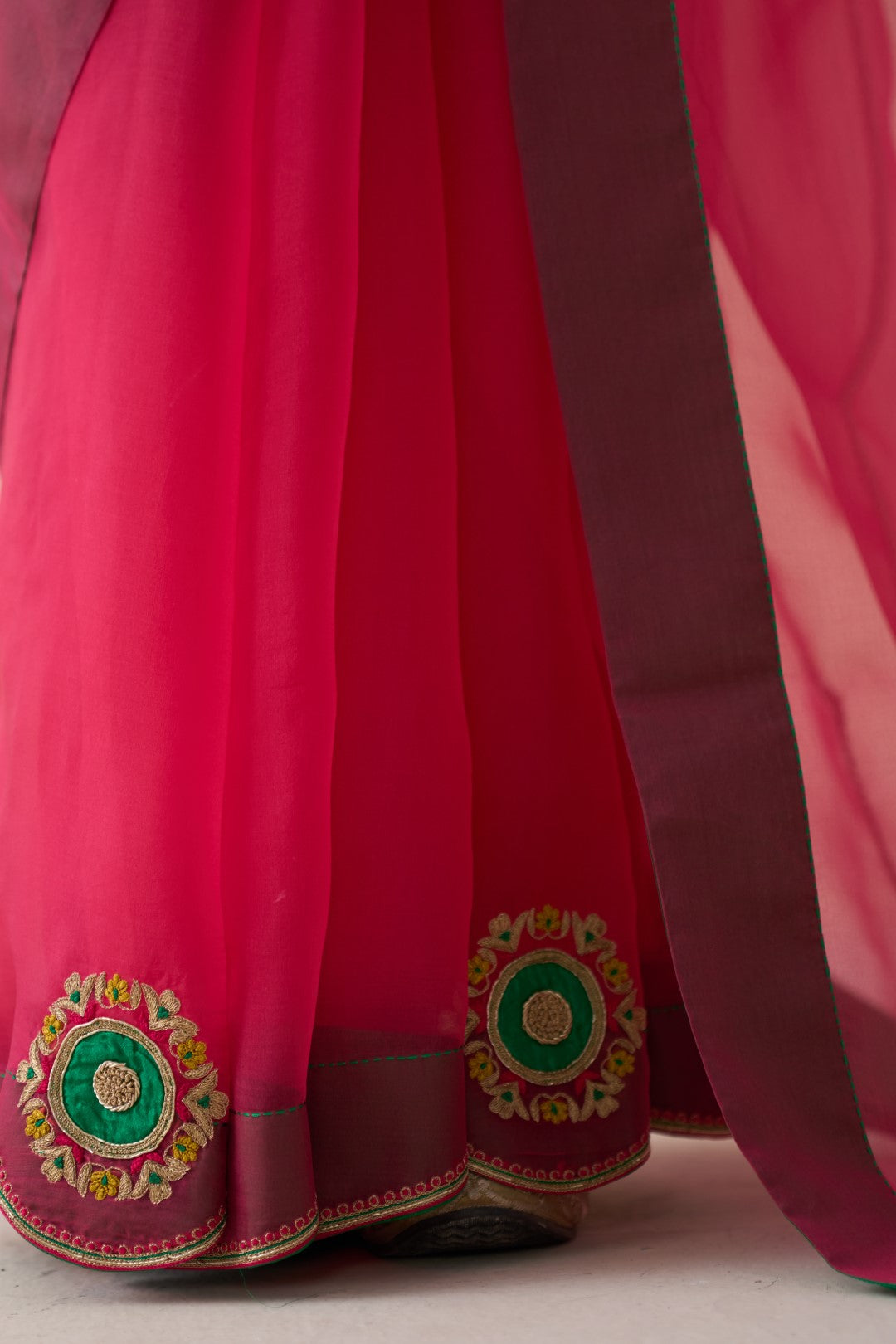 Fuchsia pink organza embroidered saree comes with an organic cotton stitched petticoat (02 Pcs.)
