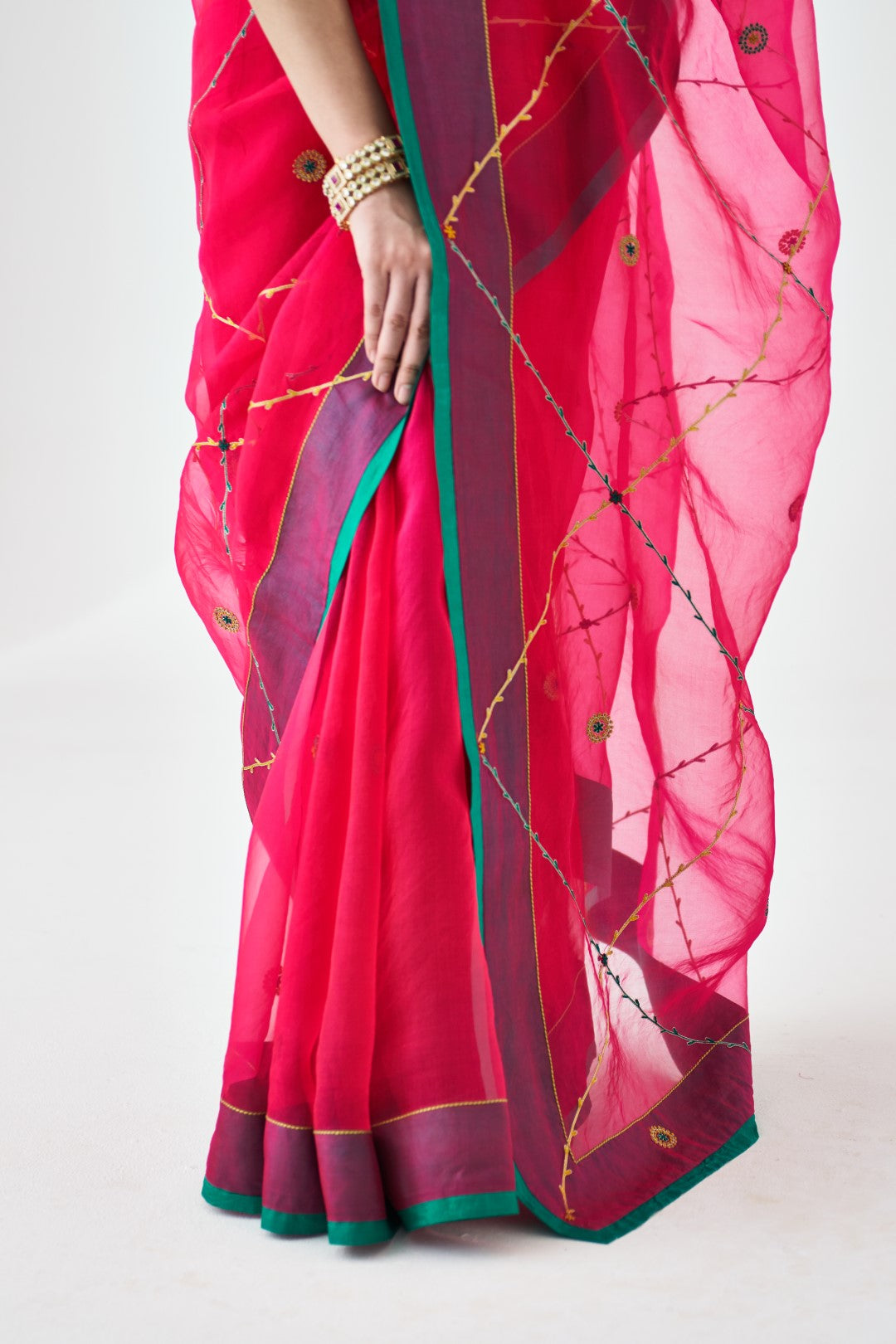 Fuchsia Organza Jaal Embroidered Saree Paired with Organic Cotton Petticoat (02 pcs.)