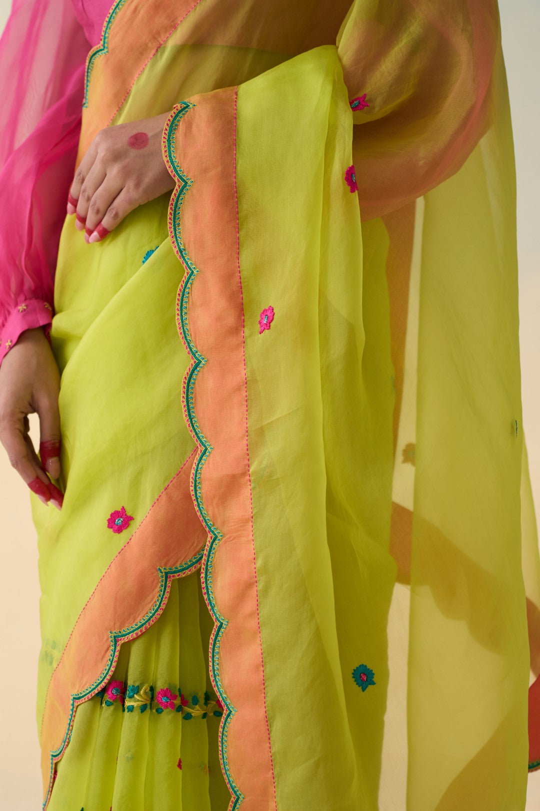 Lime green organza embroidered saree comes with an organic cotton petticoat (02 Pcs.)