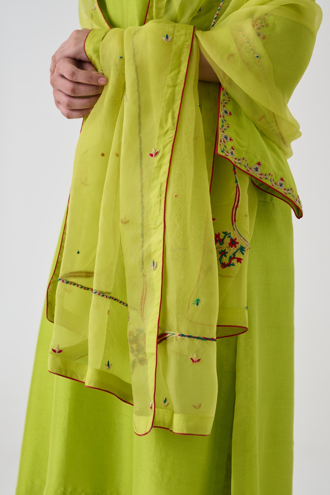 Lime Green Dupion Silk Embroidered Kurta Paired with Silk Pant & Organza Dupatta (03 Pcs.)