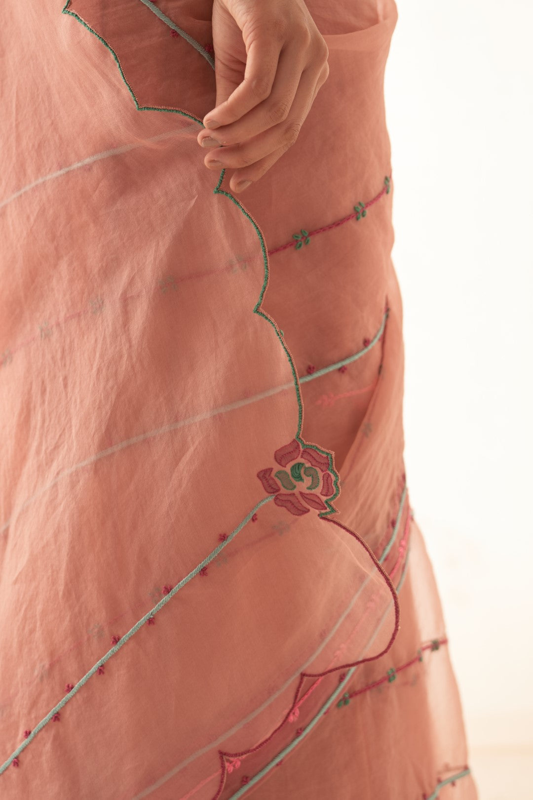 Peach Organza Saree with Embroidery Allover Comes With Chanderi Stitched Blouse and Organic Cotton Stitched Petticoat ( 03 Pcs. )