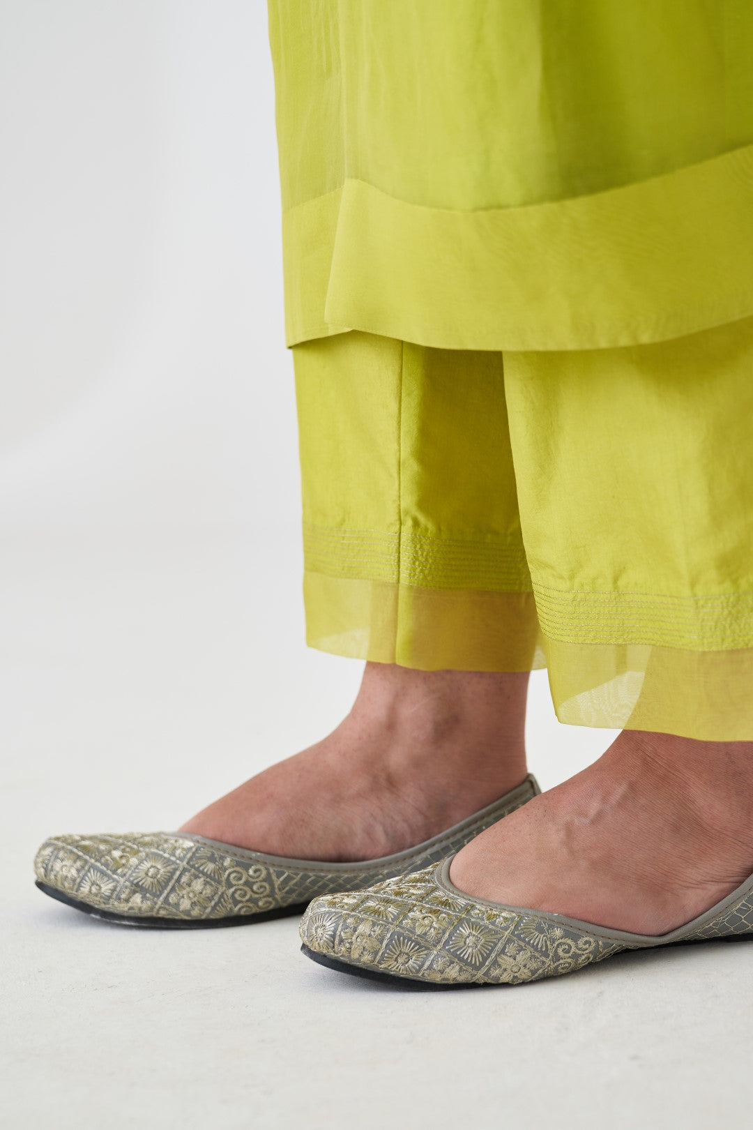 Lime Green Organza Embroidered Kaftan Paired with Silk Slip & Silk Pant (03 PCS.)