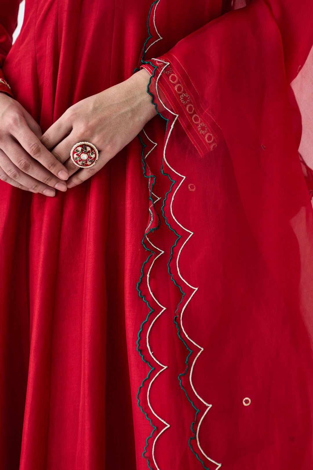 Maroon Dupion Silk Embroidered V Neck Anarkali paired with pant & organza dupatta (03 PCS.)