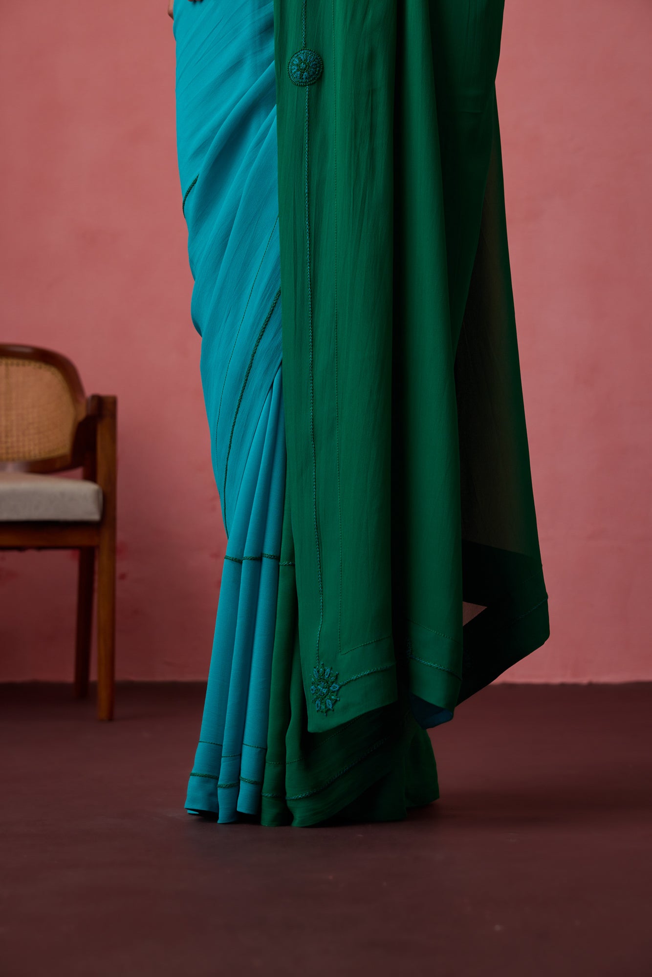 Turquoise ombre georgette embroidered saree paired with unstitched & unembroidered blouse fabric