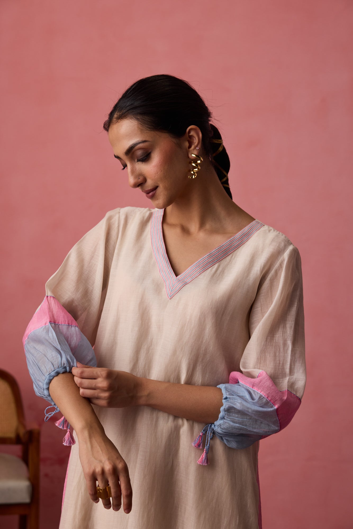 Ivory chanderi tunic paired with organic cotton slip & pant