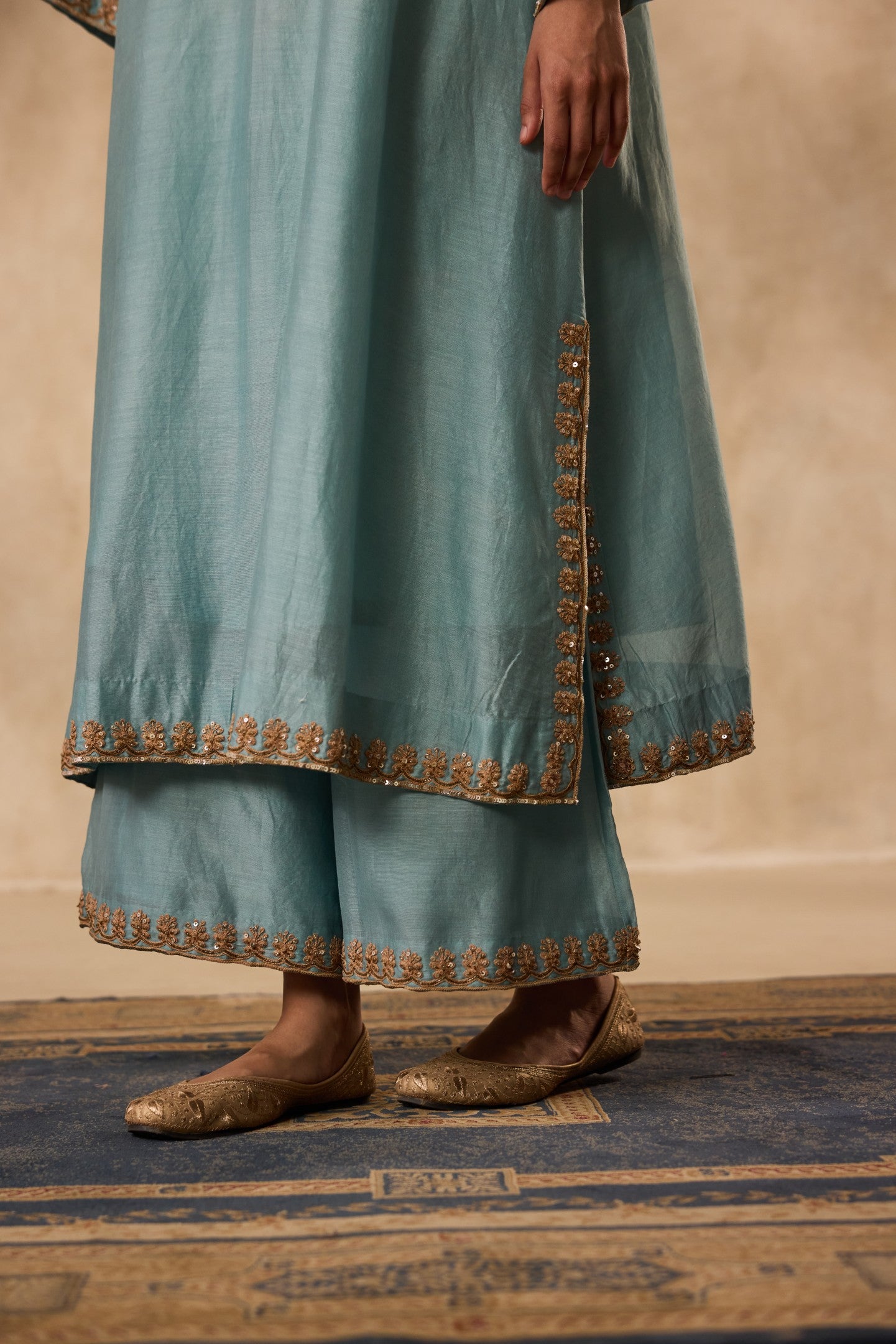 SKY BLUE A-LINE DORI & RESHAM EMBROIDERED CHANDERI KURTA WITH ORGANIC COTTON SLIP, MATCHING PANT & ORGANZA DUPATTA
