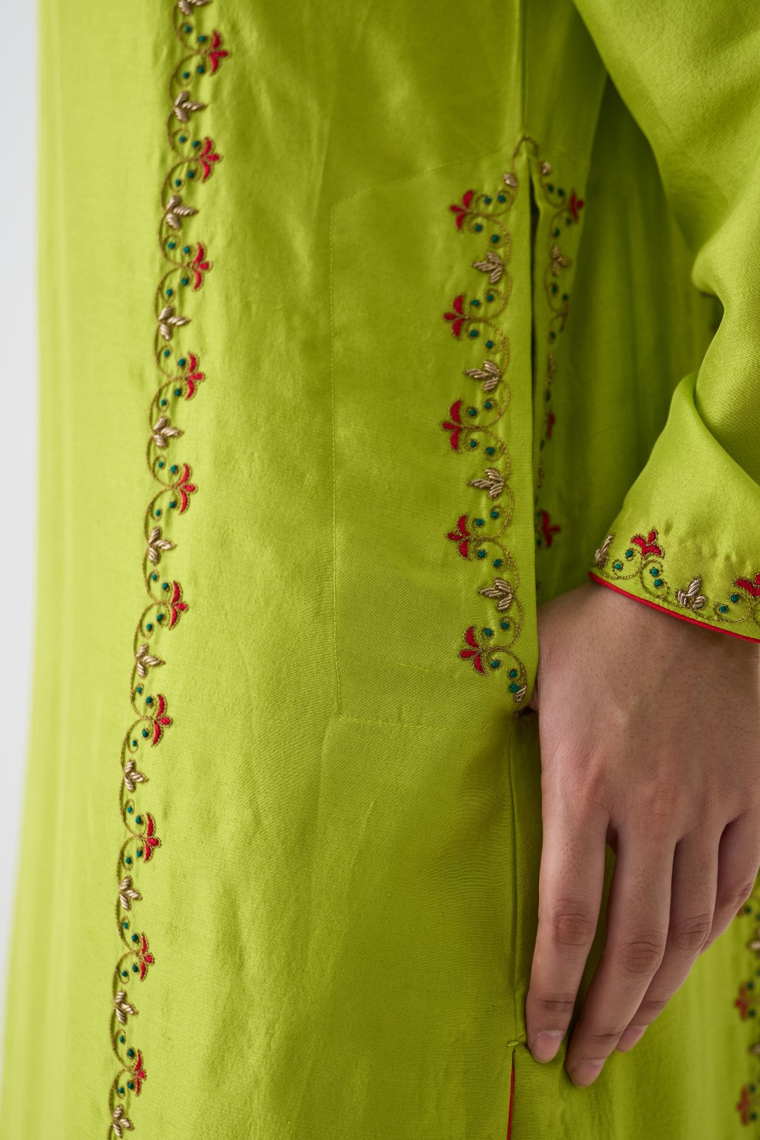 Lime Green Dupion Silk Embroidered Long Kurta Paired with Silk Pant & Organza Dupatta (03 Pcs.)