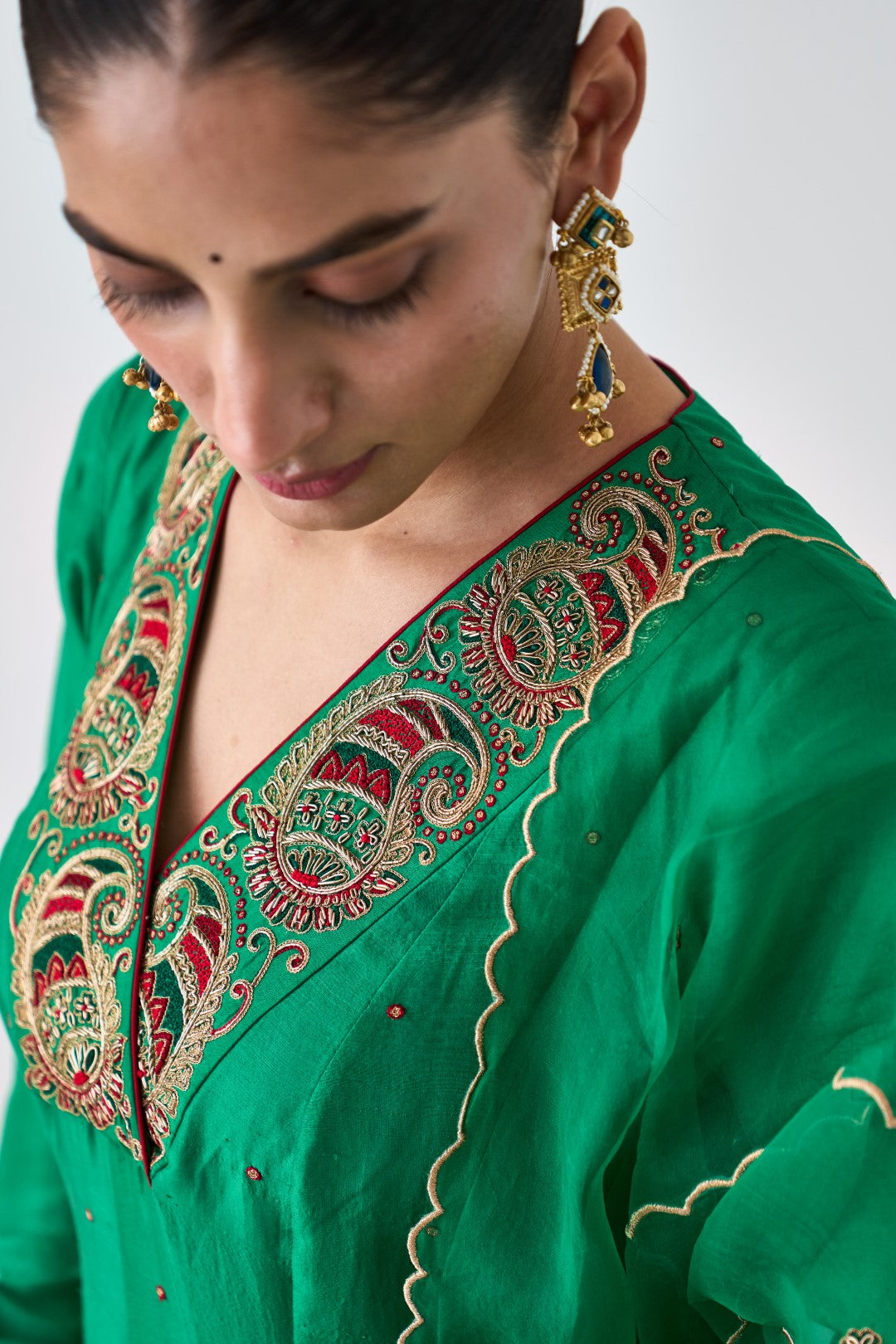 Green Silk dupion Embroidered Anarkali with Silk Pant & Organza Dupatta (03 Pcs.)