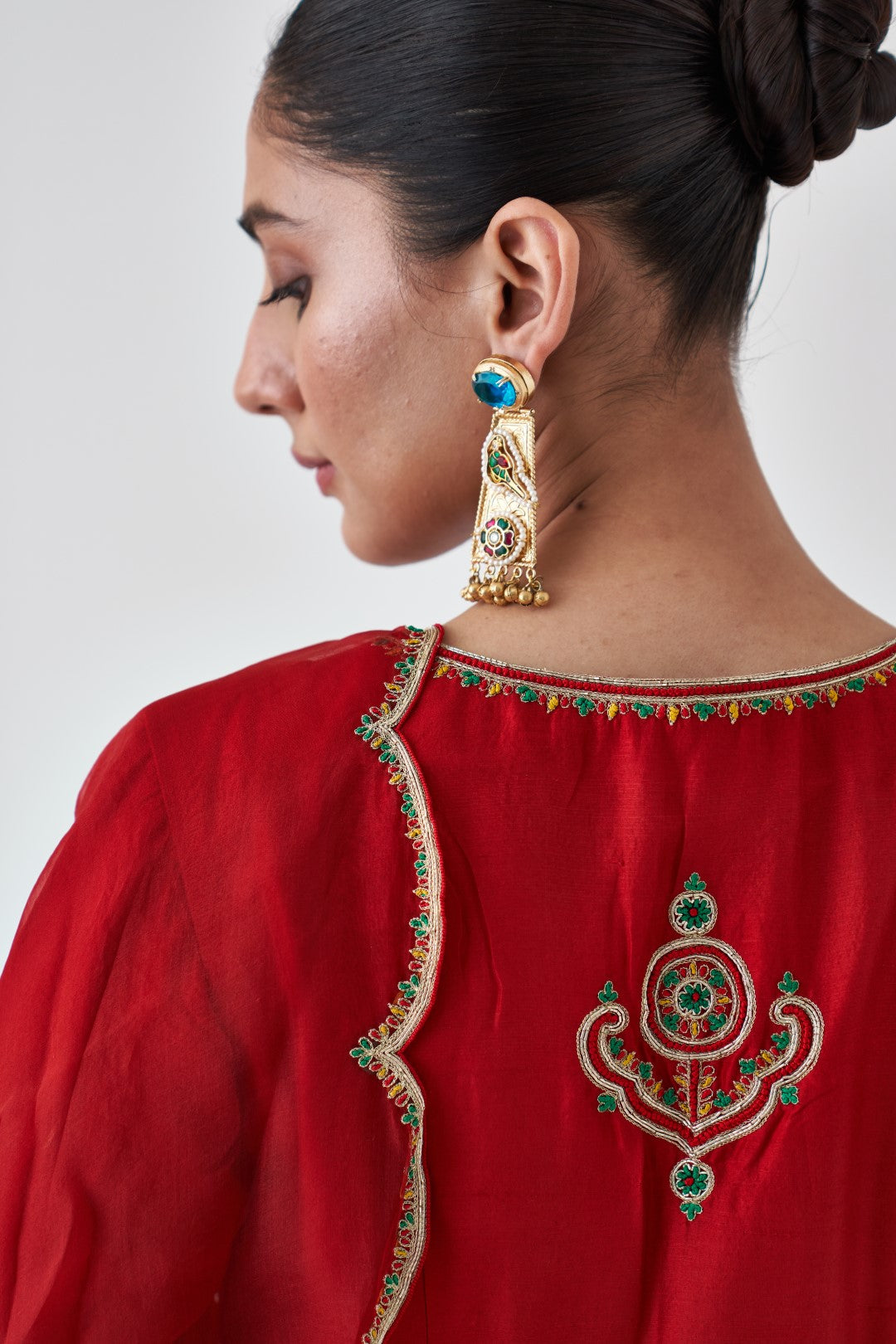 Maroon Silk Dupion Embroidered Peplum Paired with Silk Sharara & Organza Dupatta (03 PCS.)