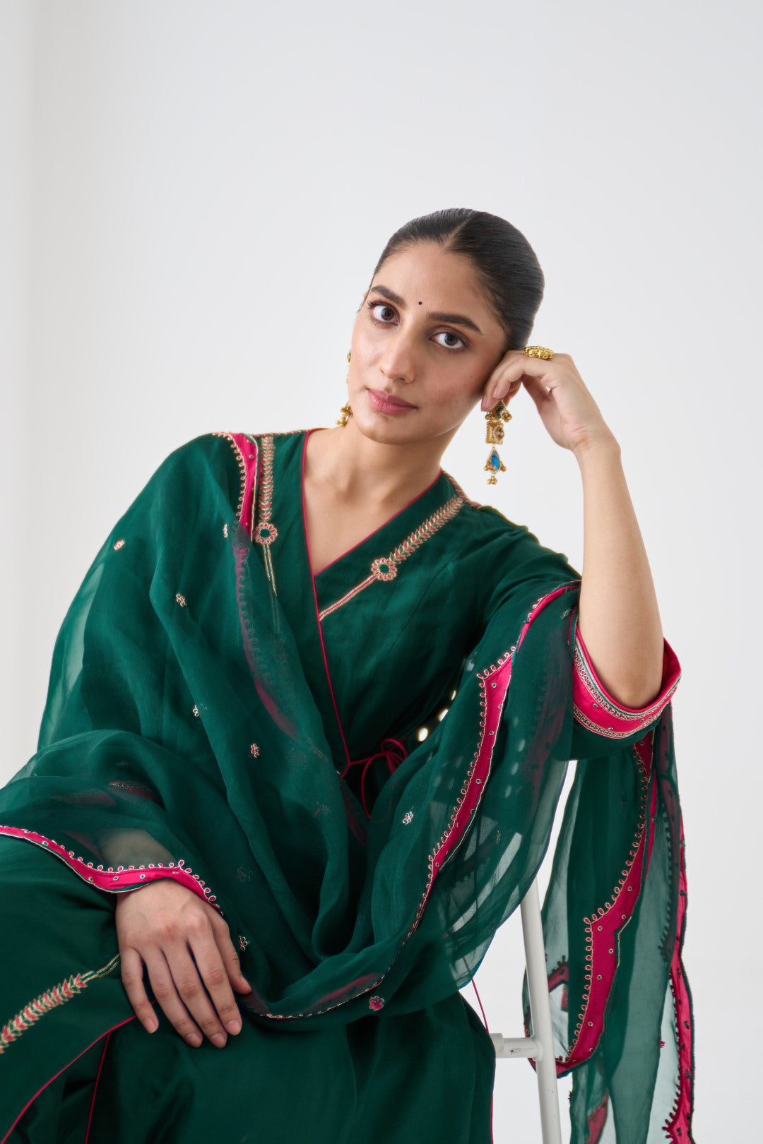 Dark Green Embroidered Angrakha with Silk Pant & Organza Dupatta (03 PCS.)