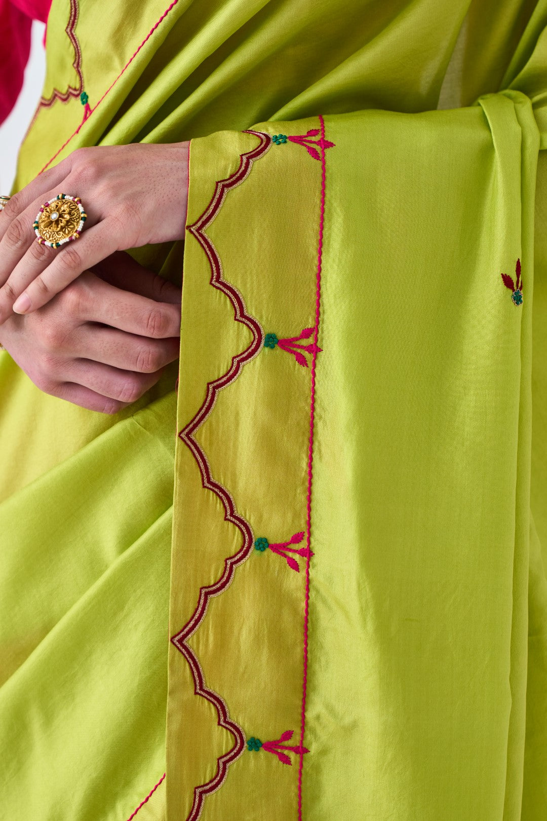 Lime Green & Fuchsia Embroidered Saree Paired with Organic Cotton Stitched Petticoat (02 Pcs.)