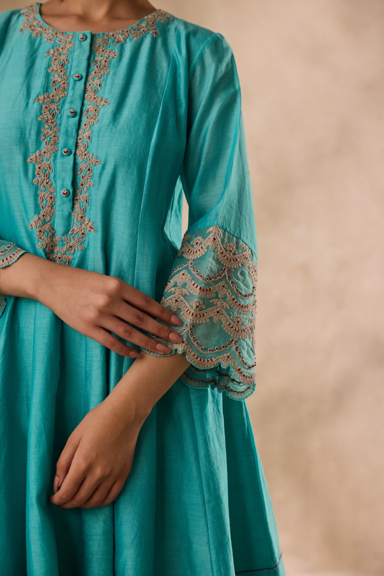 Sky blue chanderi dori work and french knot embroidered kurta paired with salwar & organza dupatta