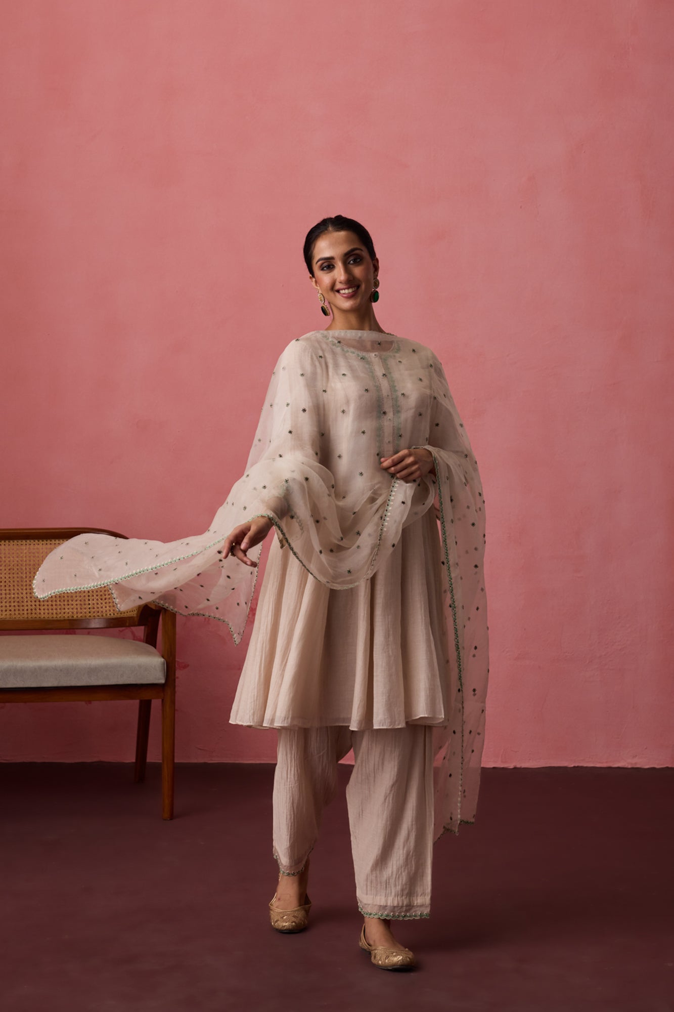 Ivory chanderi dori-Cross stitch embroidered anarkali with matching pants & organza dupatta