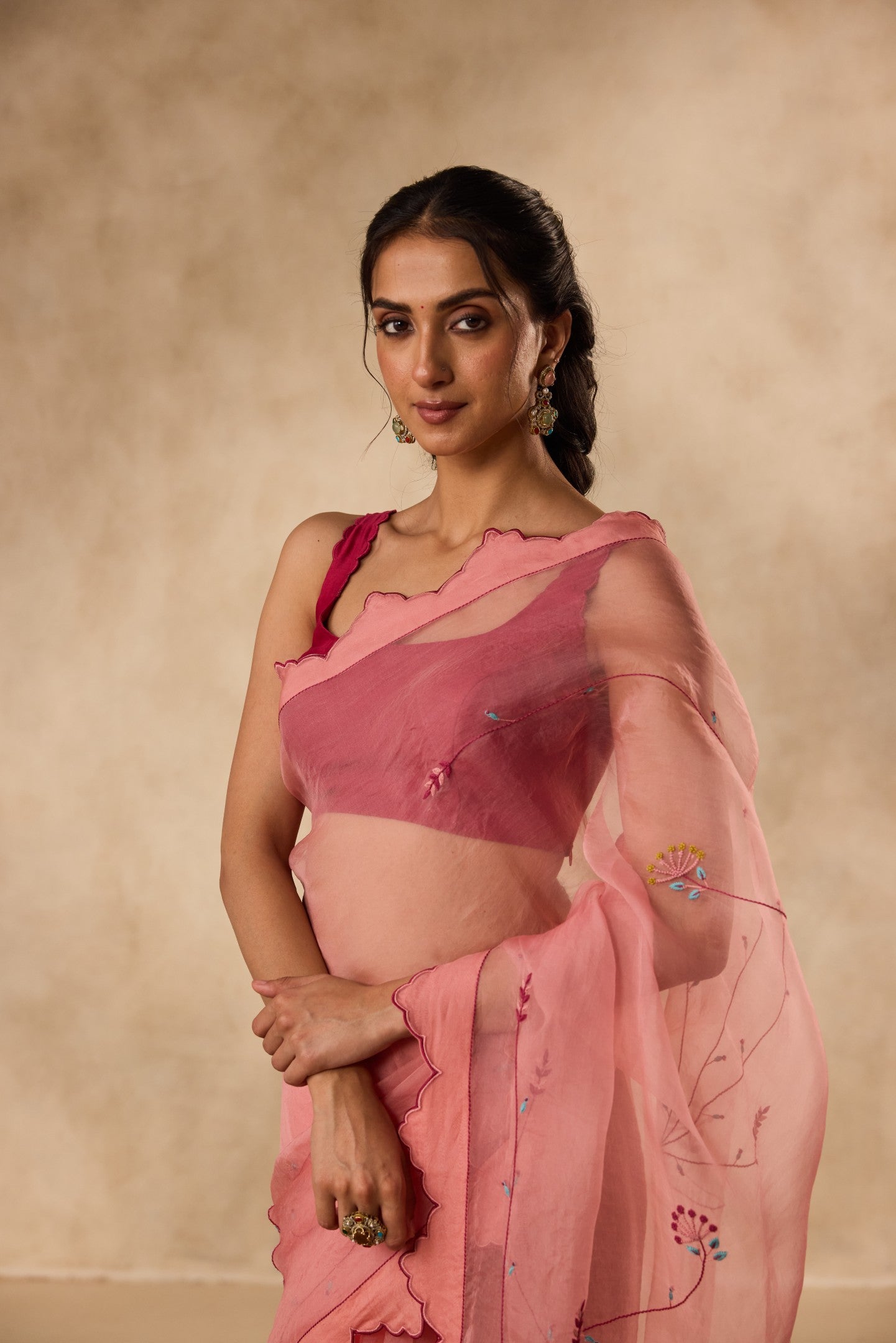 PEACH ORGANZA EMBROIDERED SAREE paired WITH UNSTITCHED CHANDERI BLOUSE FABRIC