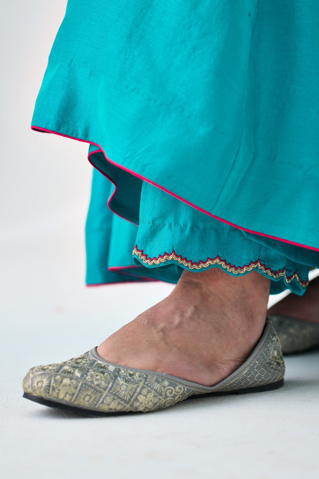 Turquoise Silk Dupion Embroidered Anarkali with Silk Pant & Organza Dupatta (03 Pcs.)