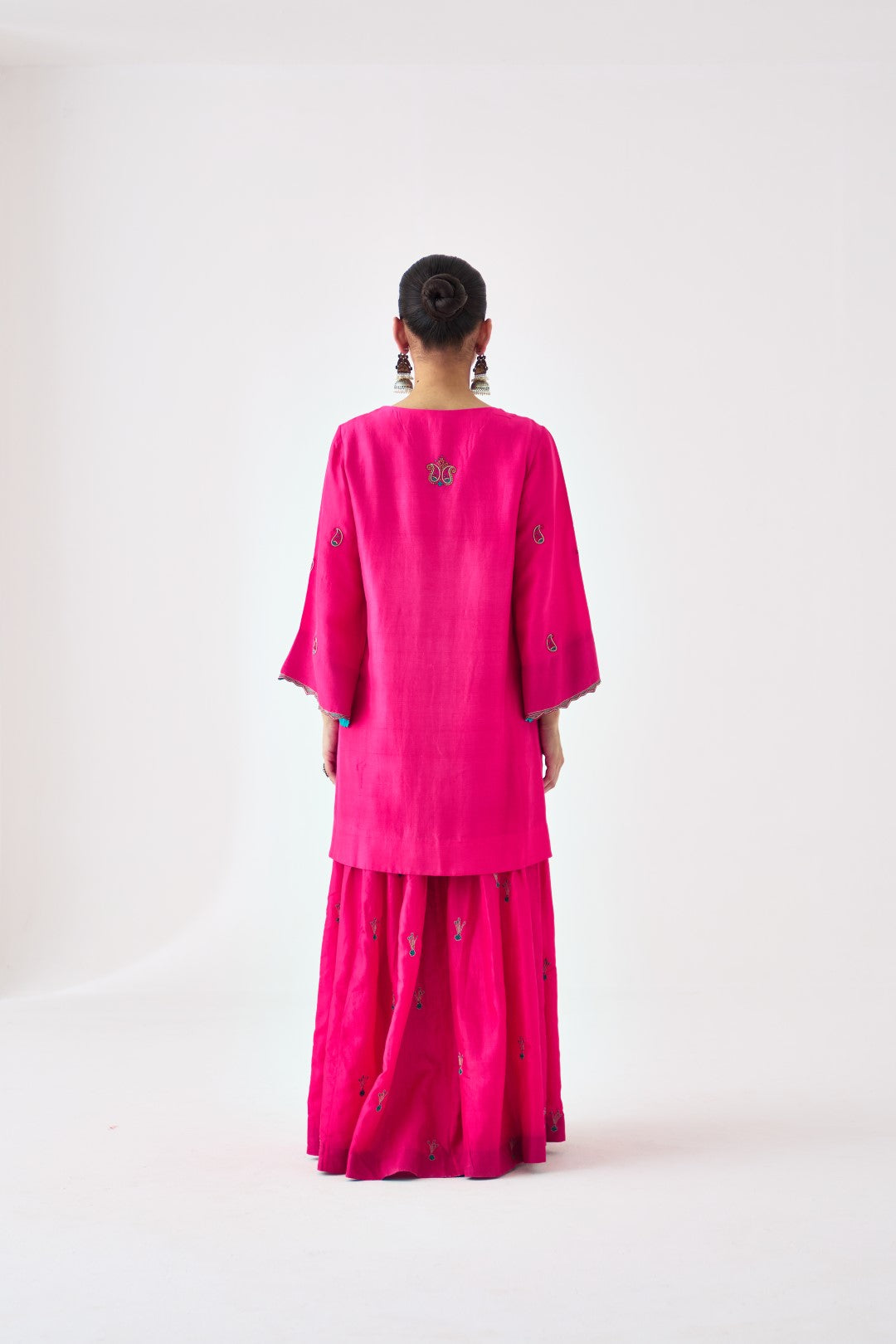 Fuchsia Silk Dupion Embroidered Short Kurta Paired with Silk Sharara & Organza Dupatta (03 PCS.)