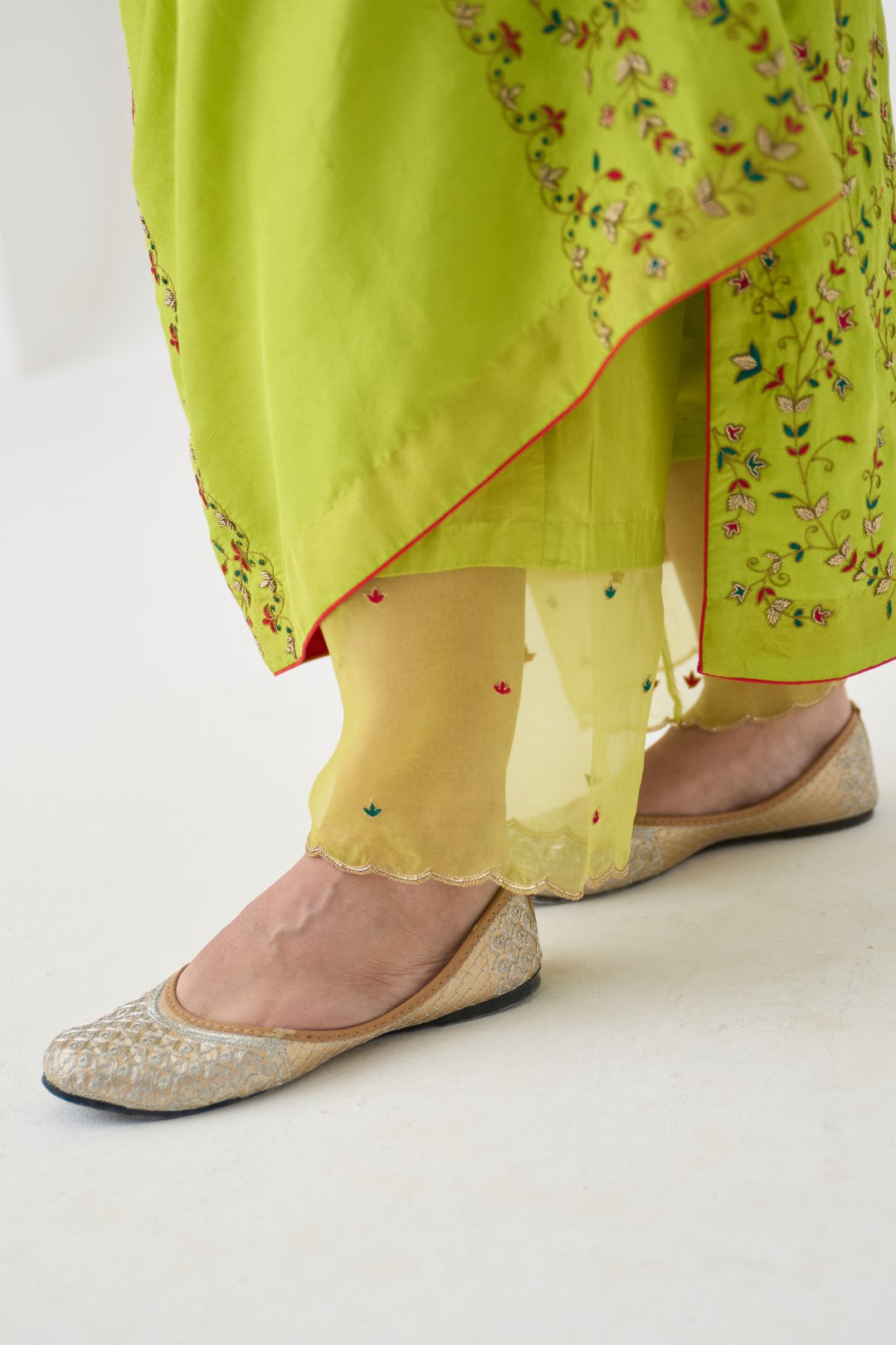 Lime Green Dupion Silk Embroidered Long Kurta Paired with Silk Pant & Organza Dupatta (03 Pcs.)