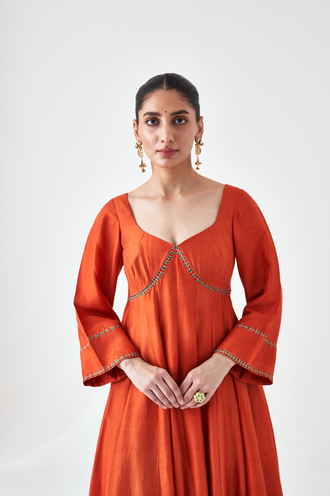 Rust Silk Dupion Embroidered Anarkali paired with pant and organza dupatta (03 Pcs.)