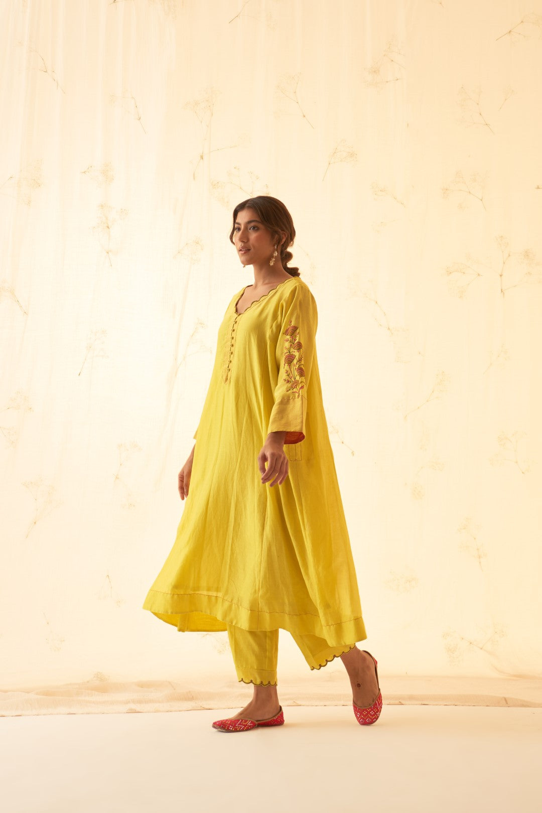 Yellow With Beautiful Embroidery On Sleeves Kurta Set