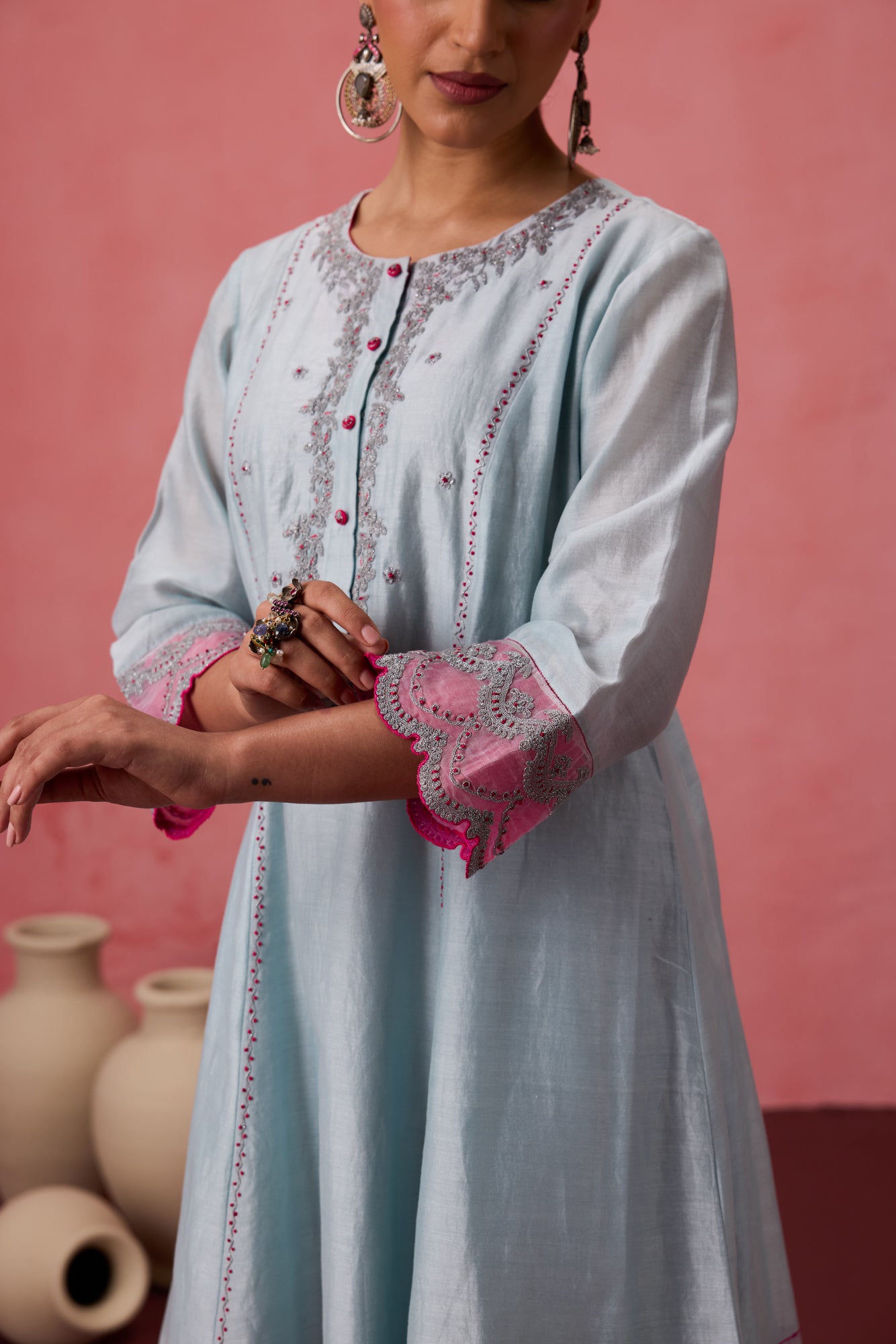 Sky blue chanderi dori work floral and french knot embroidered kurta paired with pant & organza dupatta
