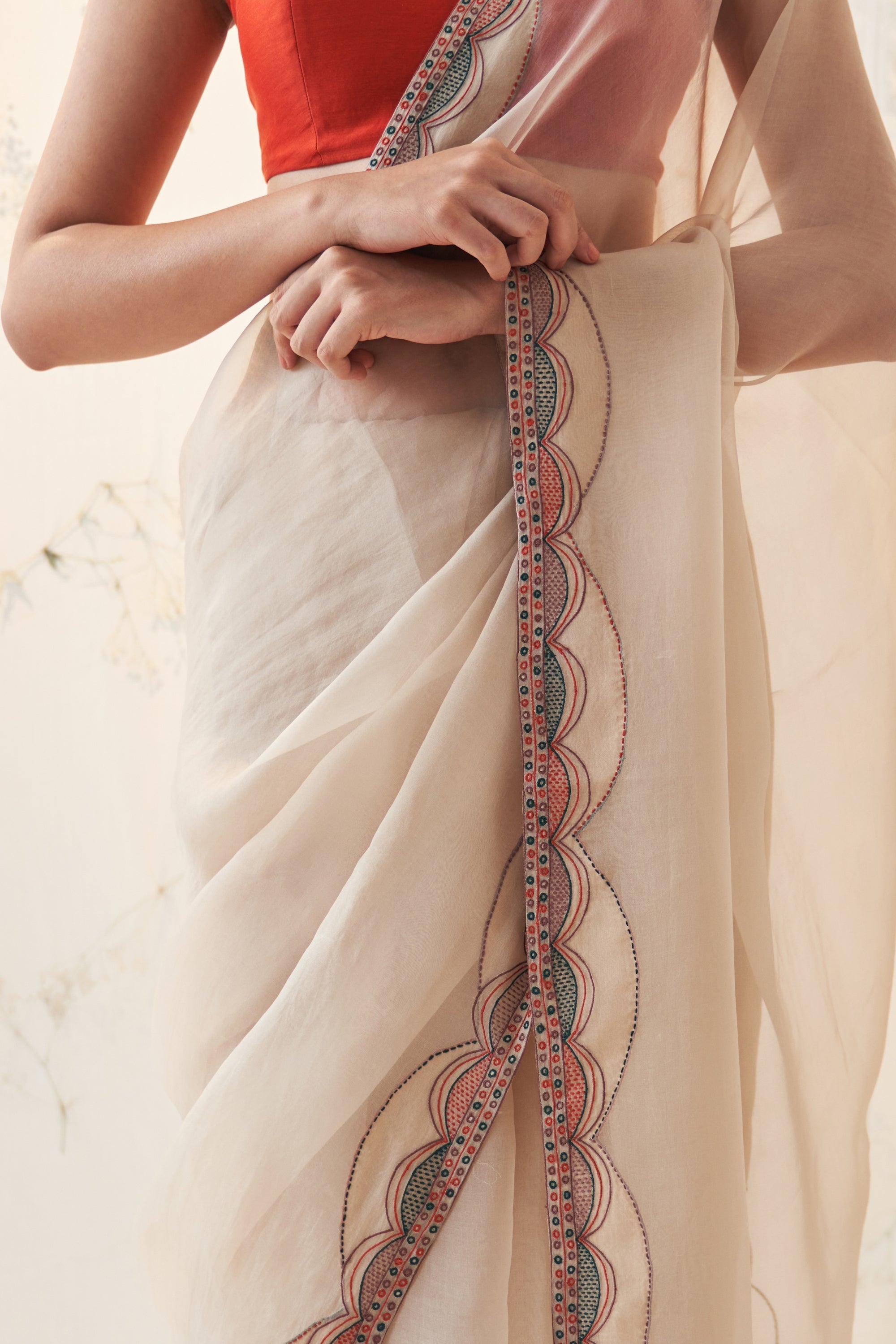 Champagne Gold Organza Saree Comes With Orange Chanderi Stitched Blouse & Organic Cotton Stitched Petticoat