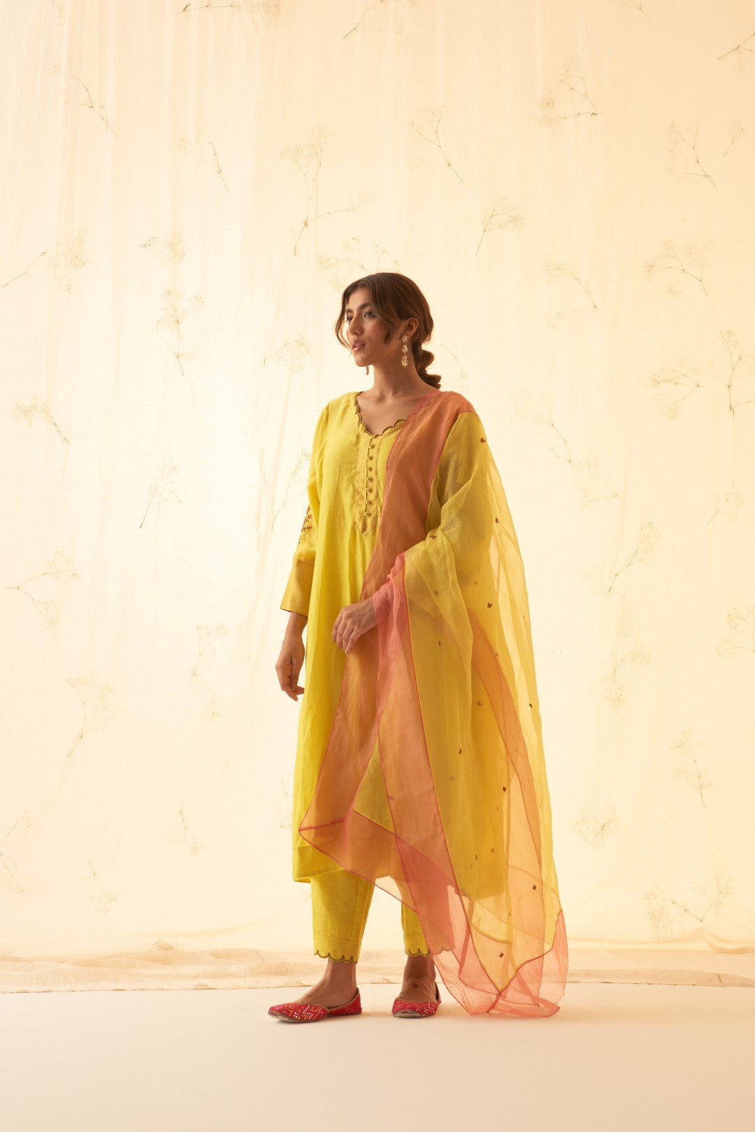 Yellow With Beautiful Embroidery On Sleeves Kurta Set