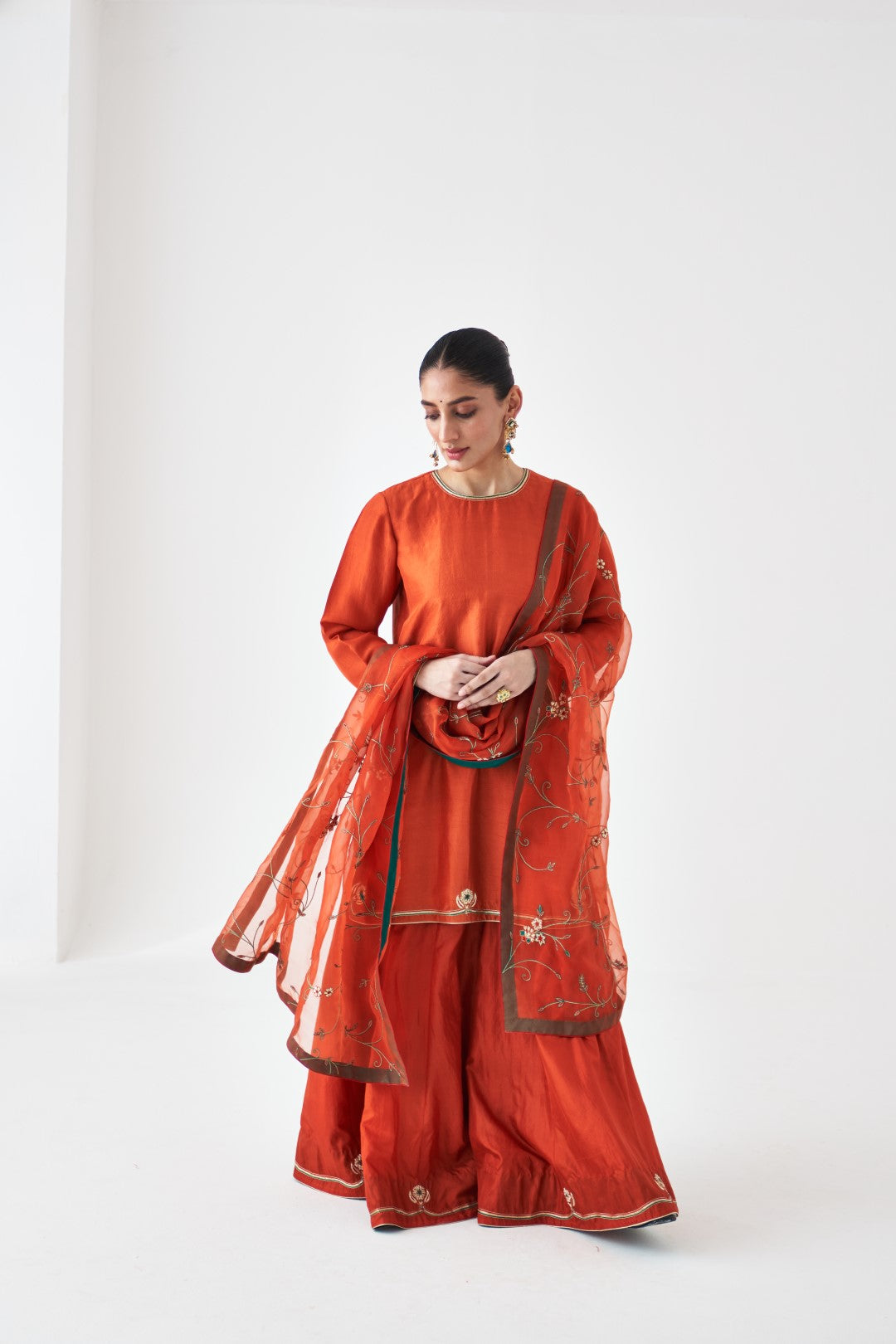 Rust Embroidered Dupion Silk Short Kurta & Silk Sharara (02 PCS.)
