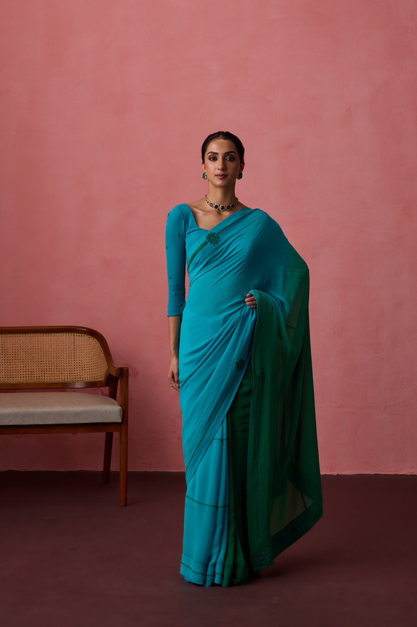 Turquoise ombre georgette embroidered saree paired with unstitched & unembroidered blouse fabric