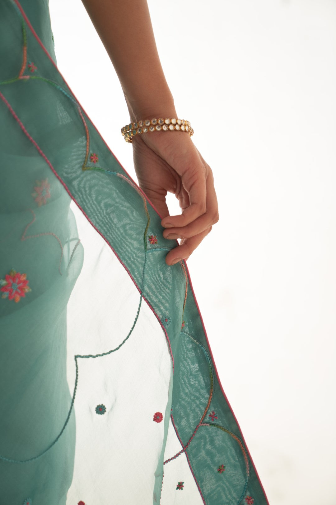 Teal Organza Saree Set Comes With Silk Stitched Blouse and Organic Cotton Stitched Petticoat (03 Pcs. )