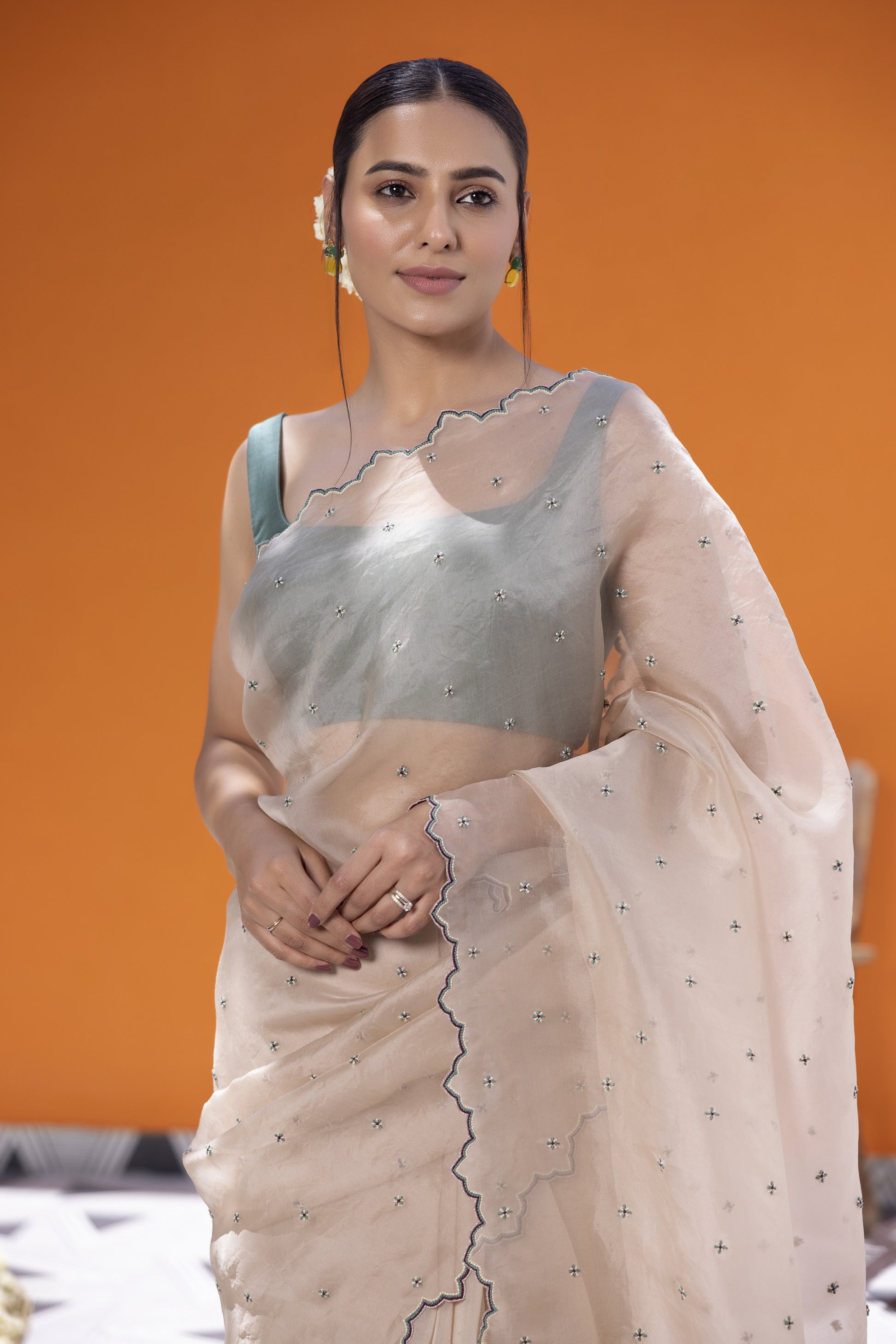 Ivory Organza Saree With Sea Green Chanderi Blouse