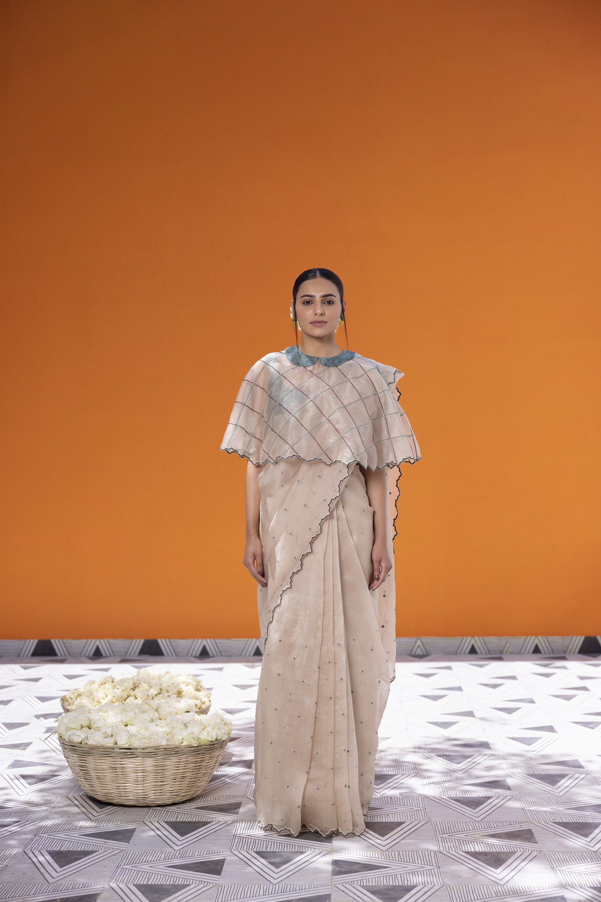 Ivory Organza Saree With Sea Green Chanderi Blouse