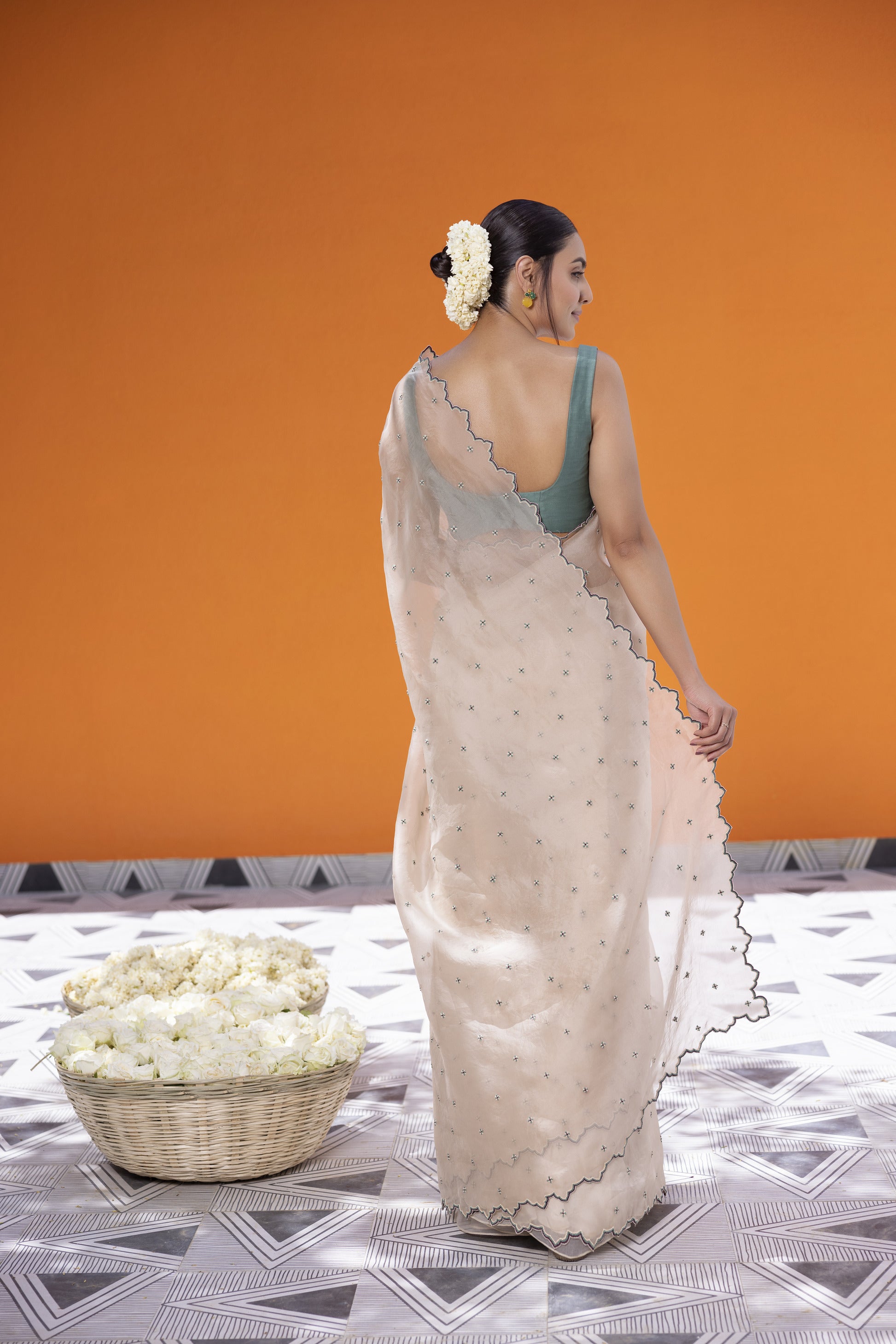 Ivory Organza Saree With Sea Green Chanderi Blouse