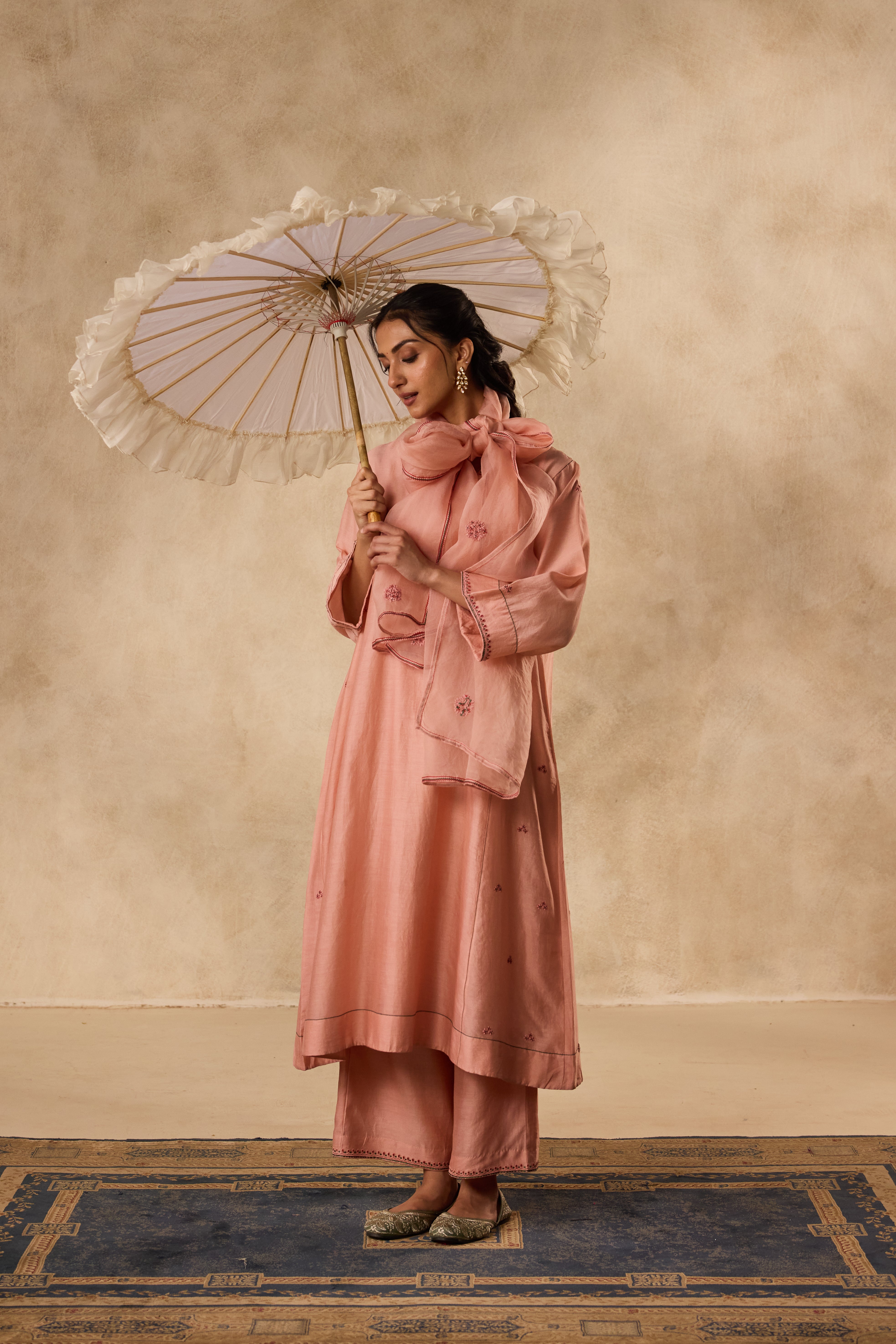 PEACH CHANDERI RESHAM & THREAD EMBROIDERED KURTA PAIRED WITH ORGANIC COTTON SLIP & MATCHING PANT & ORGANZA DUPATTA