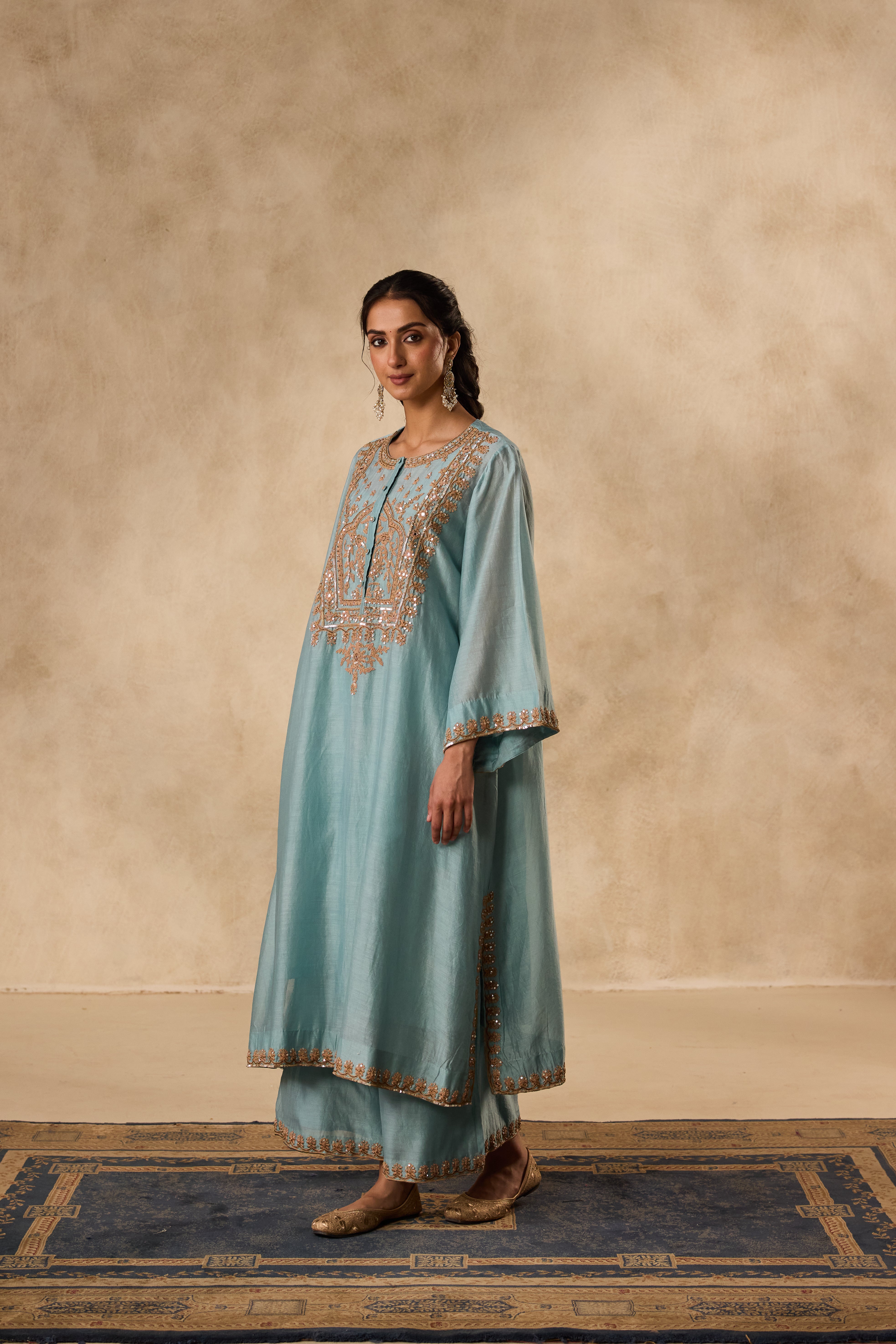 SKY BLUE A-LINE DORI & RESHAM EMBROIDERED CHANDERI KURTA WITH ORGANIC COTTON SLIP, MATCHING PANT & ORGANZA DUPATTA