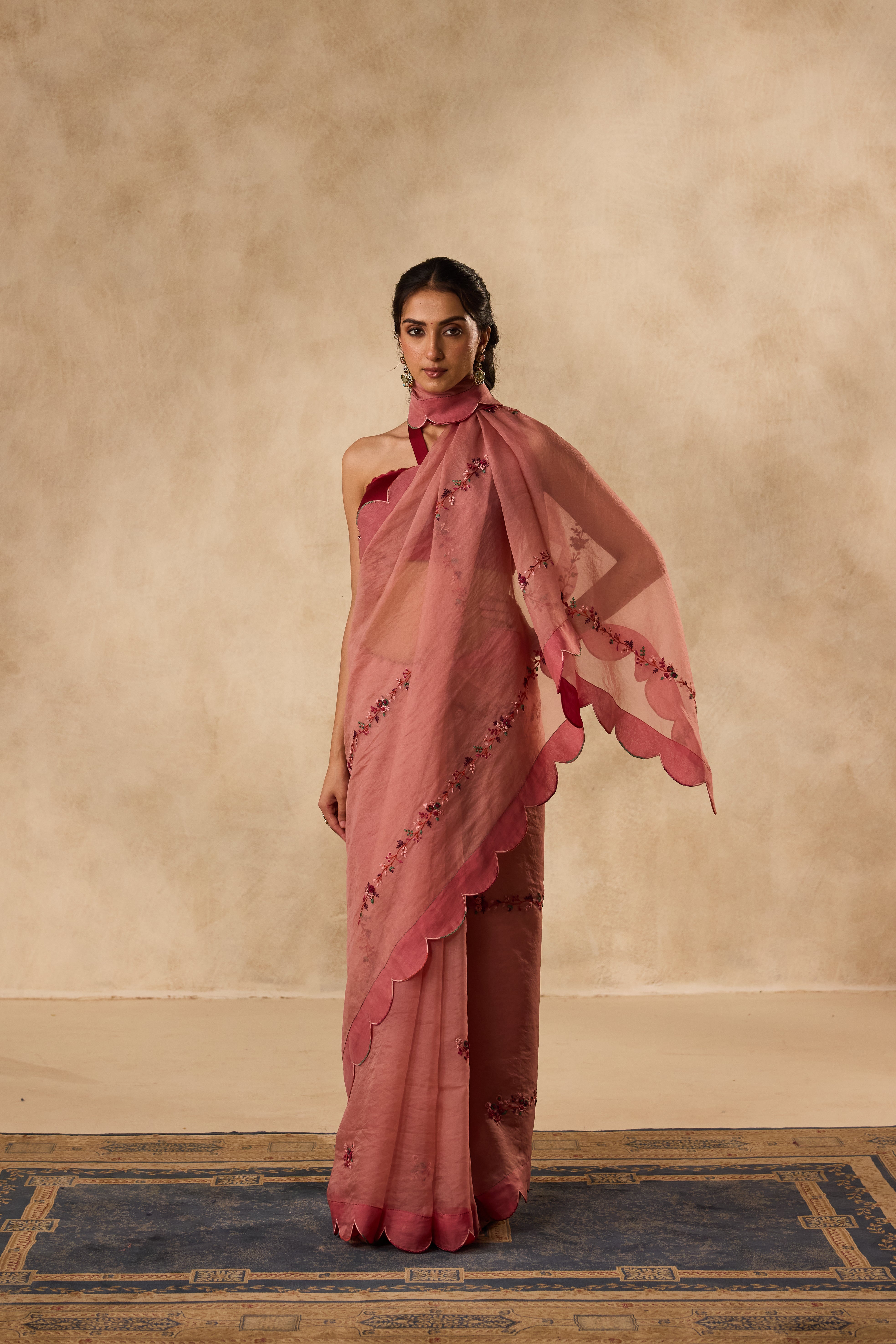 PEACH ORGANZA SPRING FLOWER, EMBROIDERED & SCALLOP SAREE paired WITH UNSTITCHED CHANDERI BLOUSE FABRIC