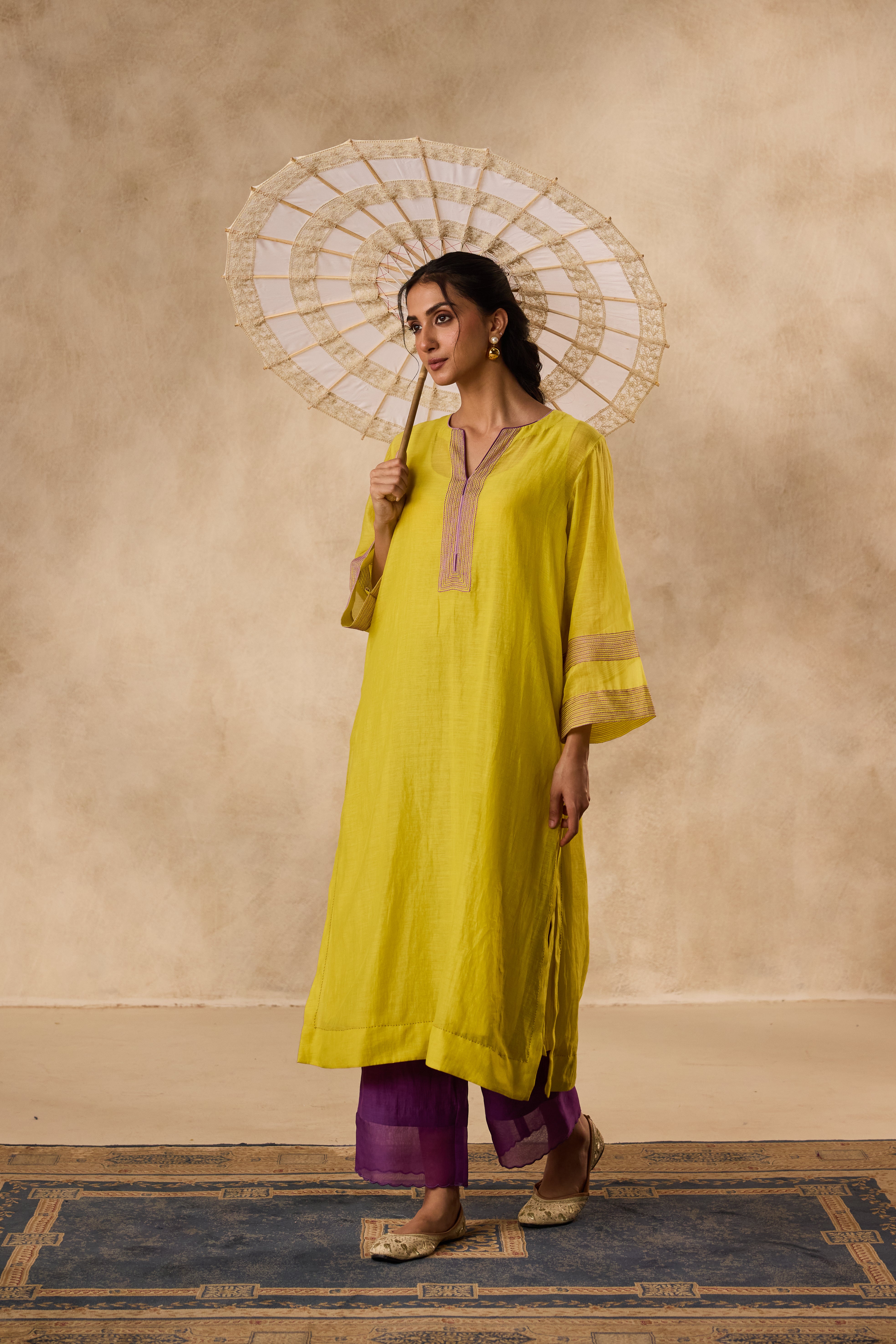 Lime yellow & Purple chanderi resham embroidered tunic paired with organic cotton slip and pant