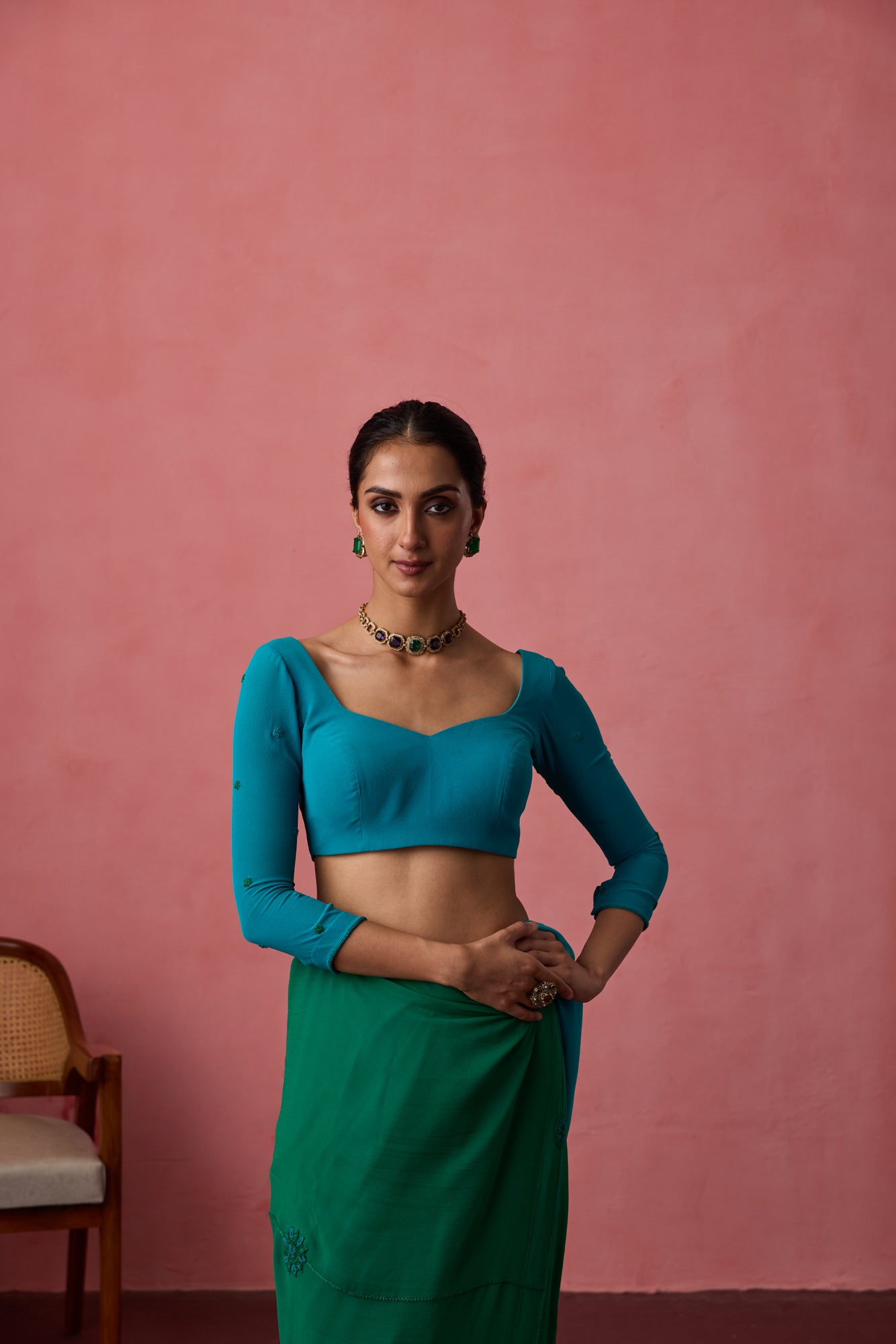 TURQUOISE GEORGETTE CROSS STITCH EMBROIDERED BLOUSE