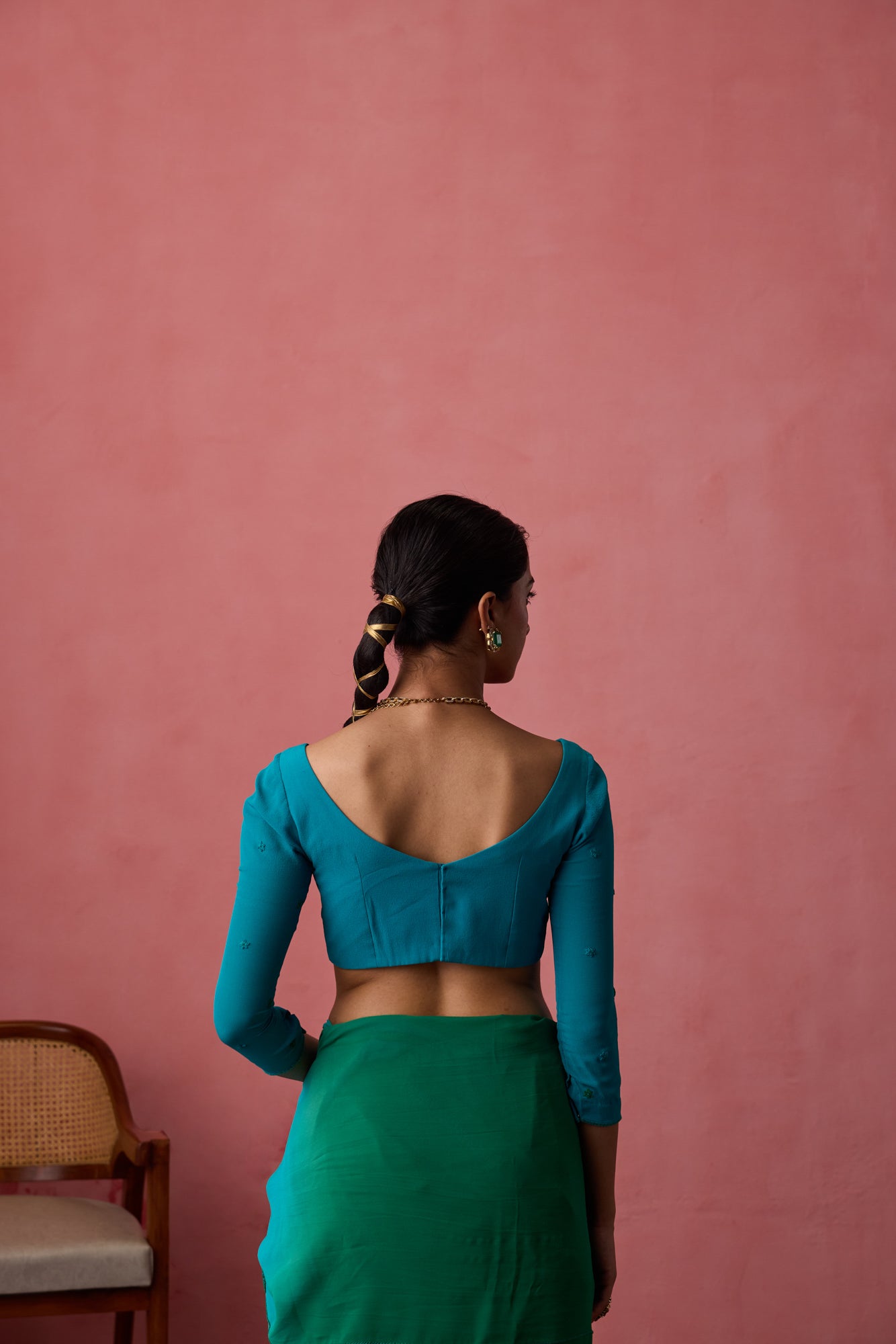 TURQUOISE GEORGETTE CROSS STITCH EMBROIDERED BLOUSE