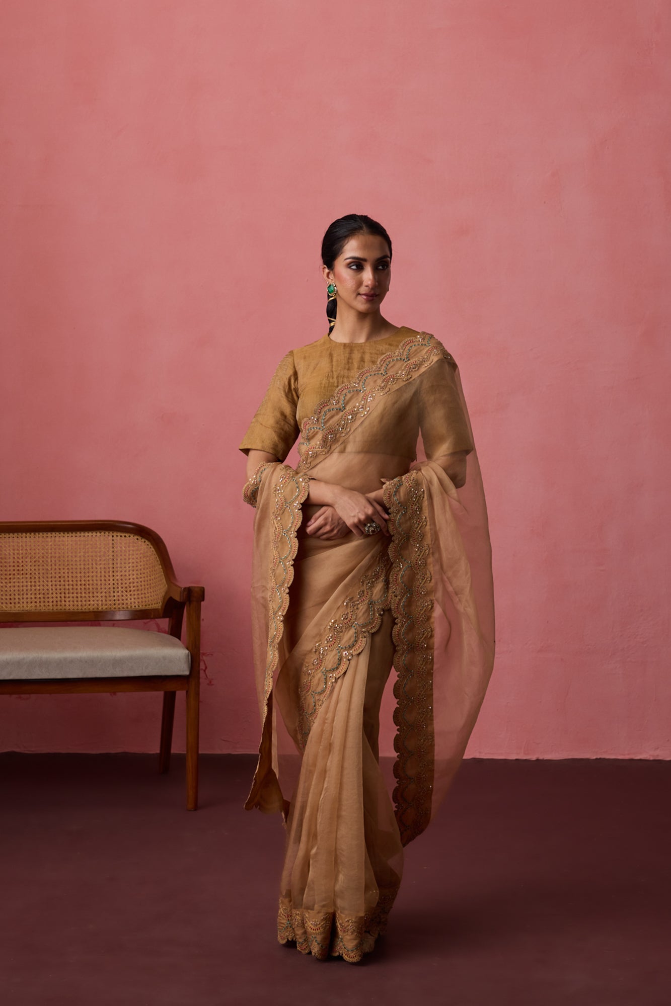 Golden organza dori & resham embroidered saree paired with unstitched & unembroidered blouse fabric