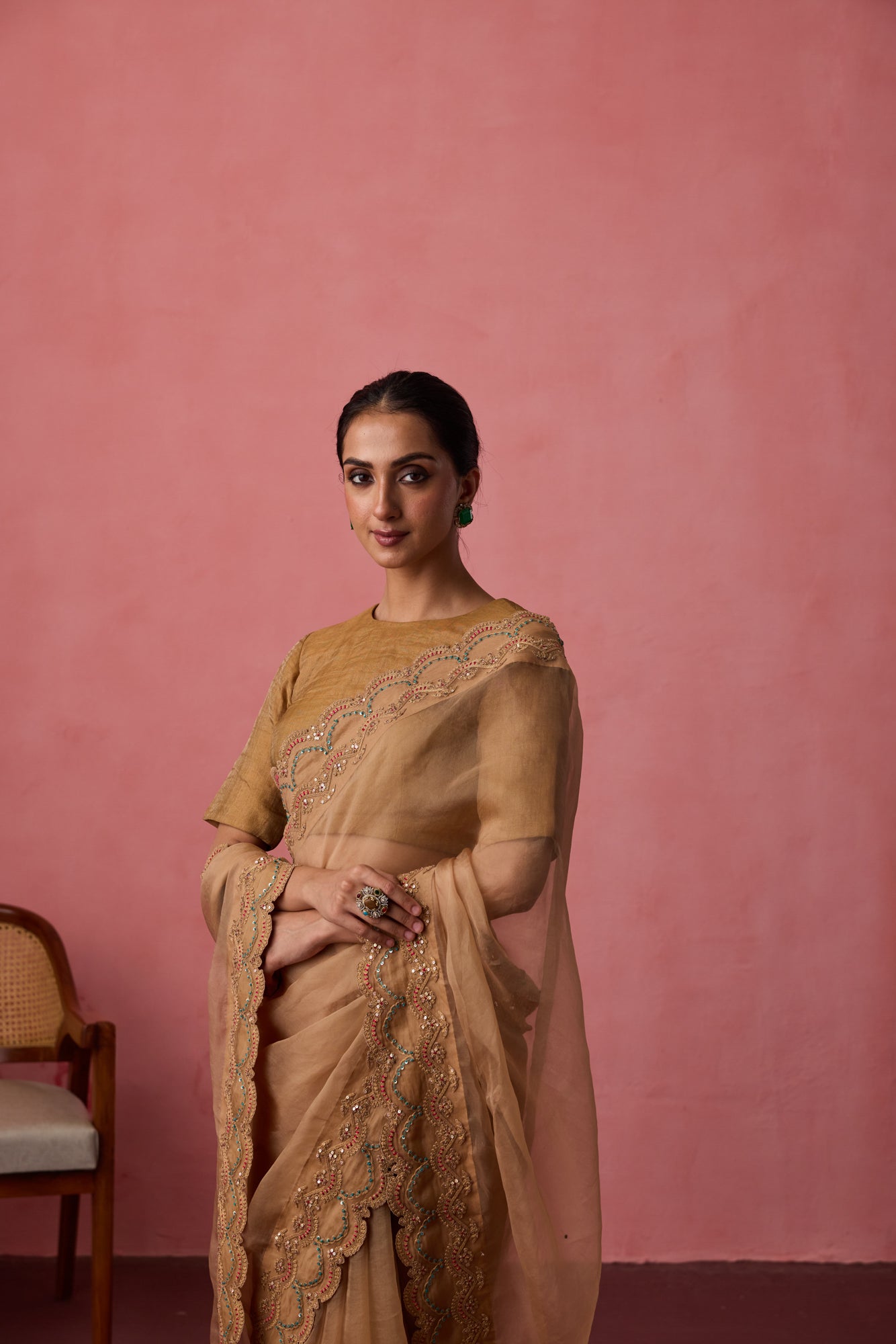 Golden organza dori & resham embroidered saree paired with unstitched & unembroidered blouse fabric