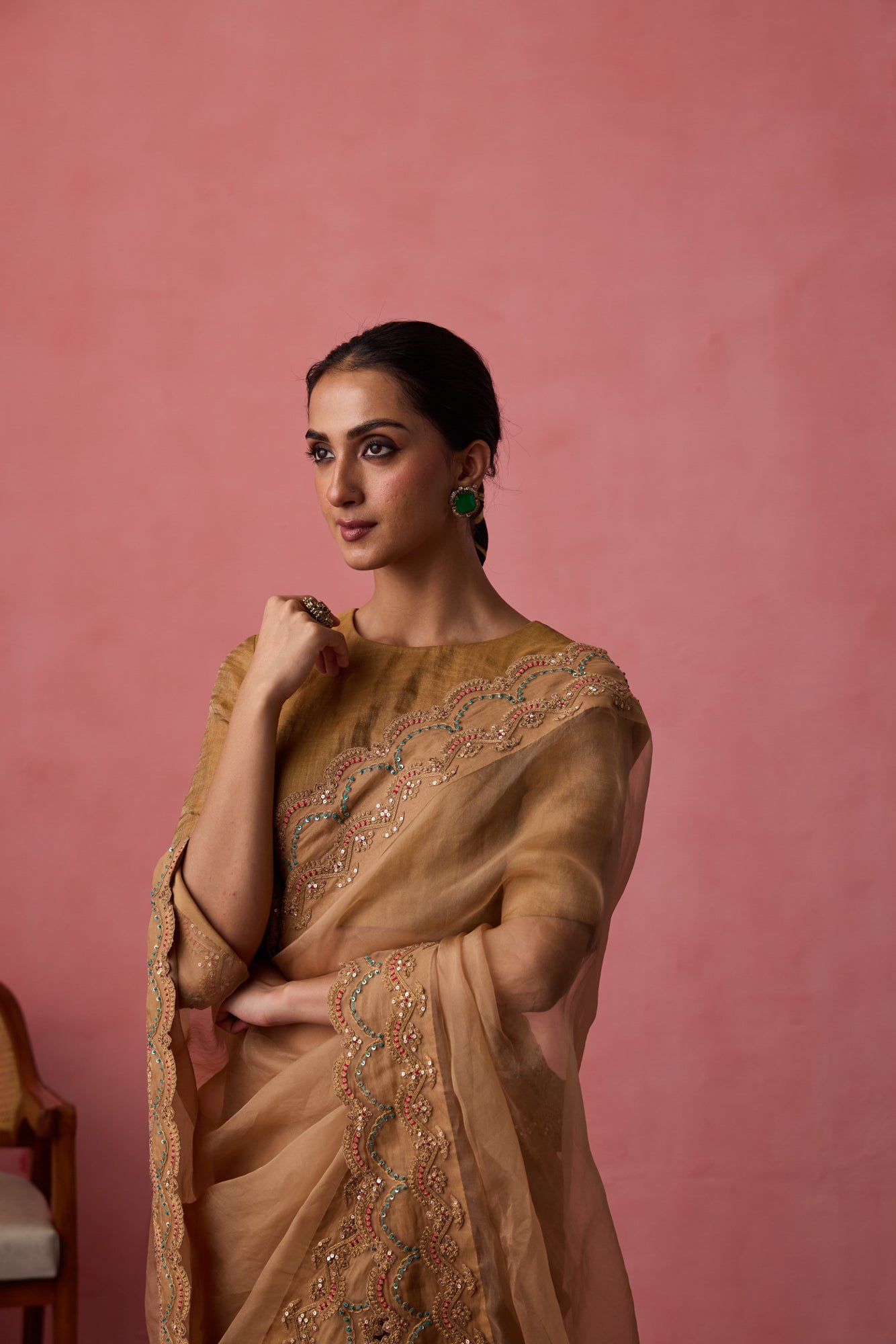 Golden organza dori & resham embroidered saree paired with unstitched & unembroidered blouse fabric