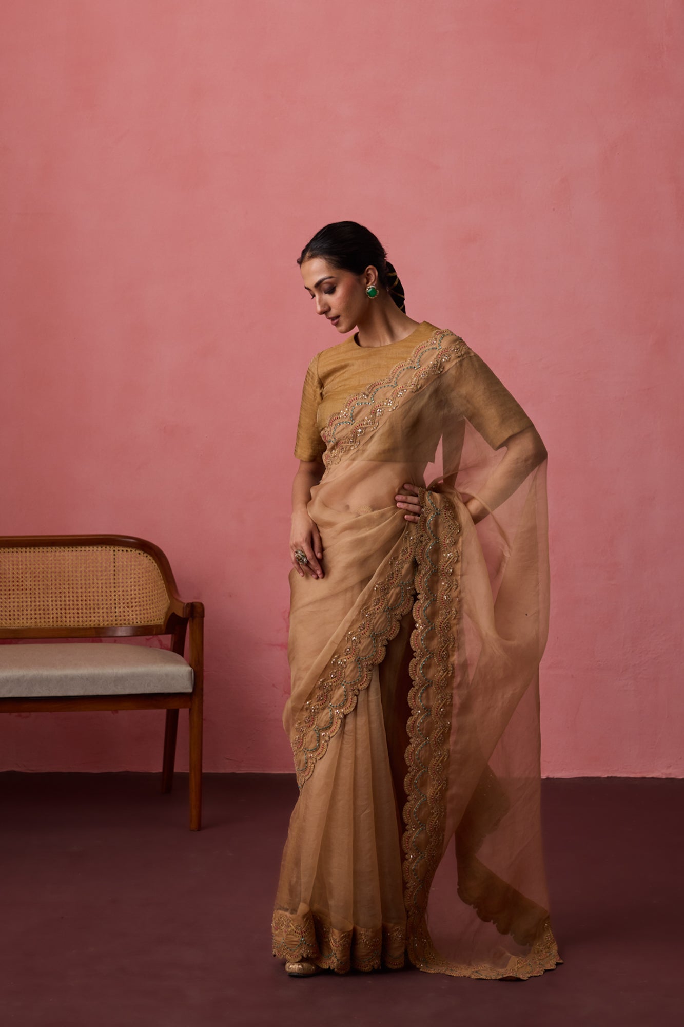 Golden organza dori & resham embroidered saree paired with unstitched & unembroidered blouse fabric