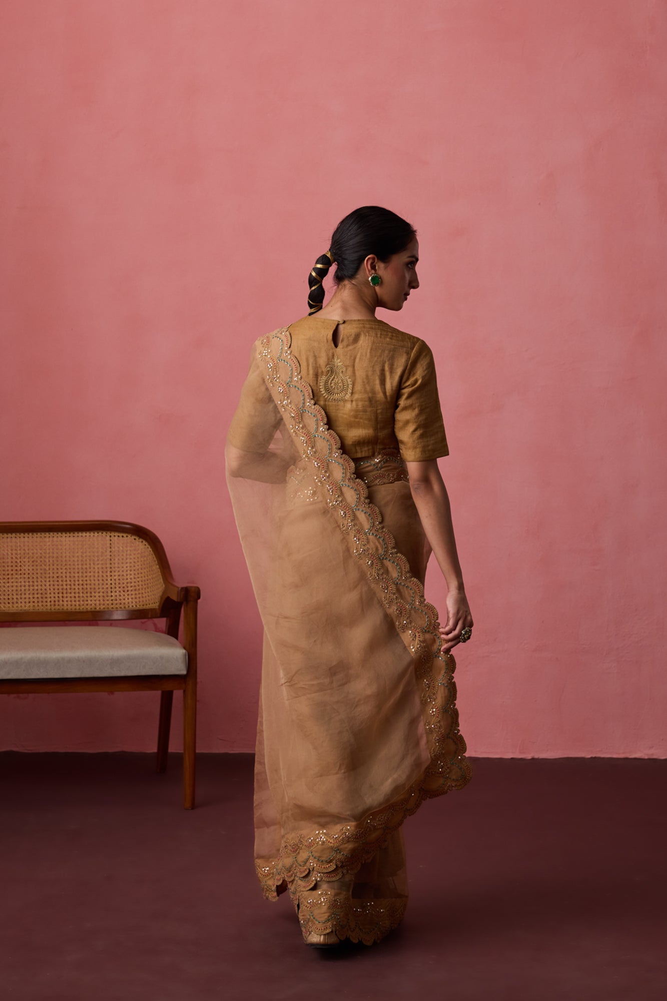 Golden organza dori & resham embroidered saree paired with unstitched & unembroidered blouse fabric