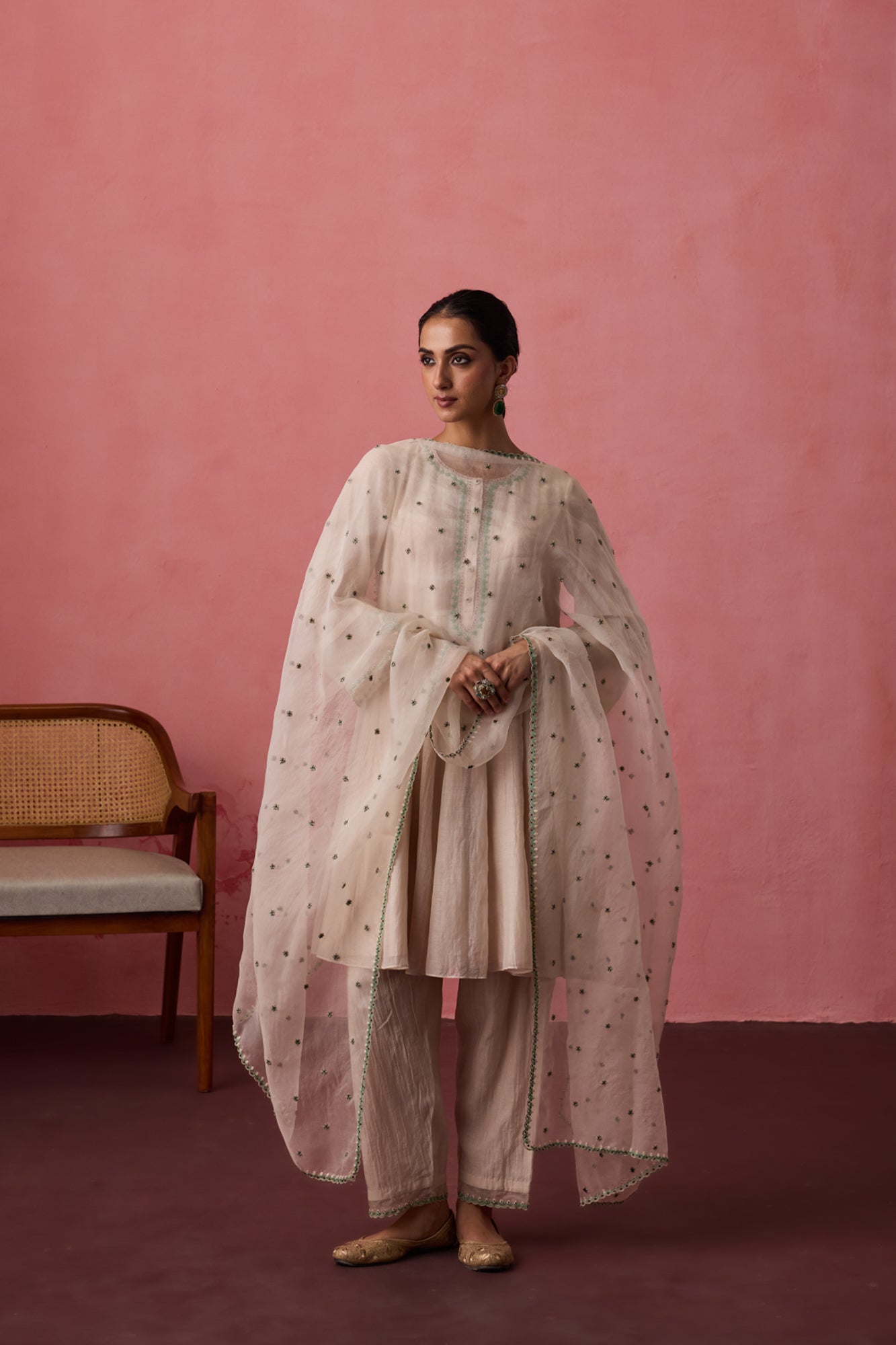 Ivory chanderi dori-Cross stitch embroidered anarkali with matching pants & organza dupatta
