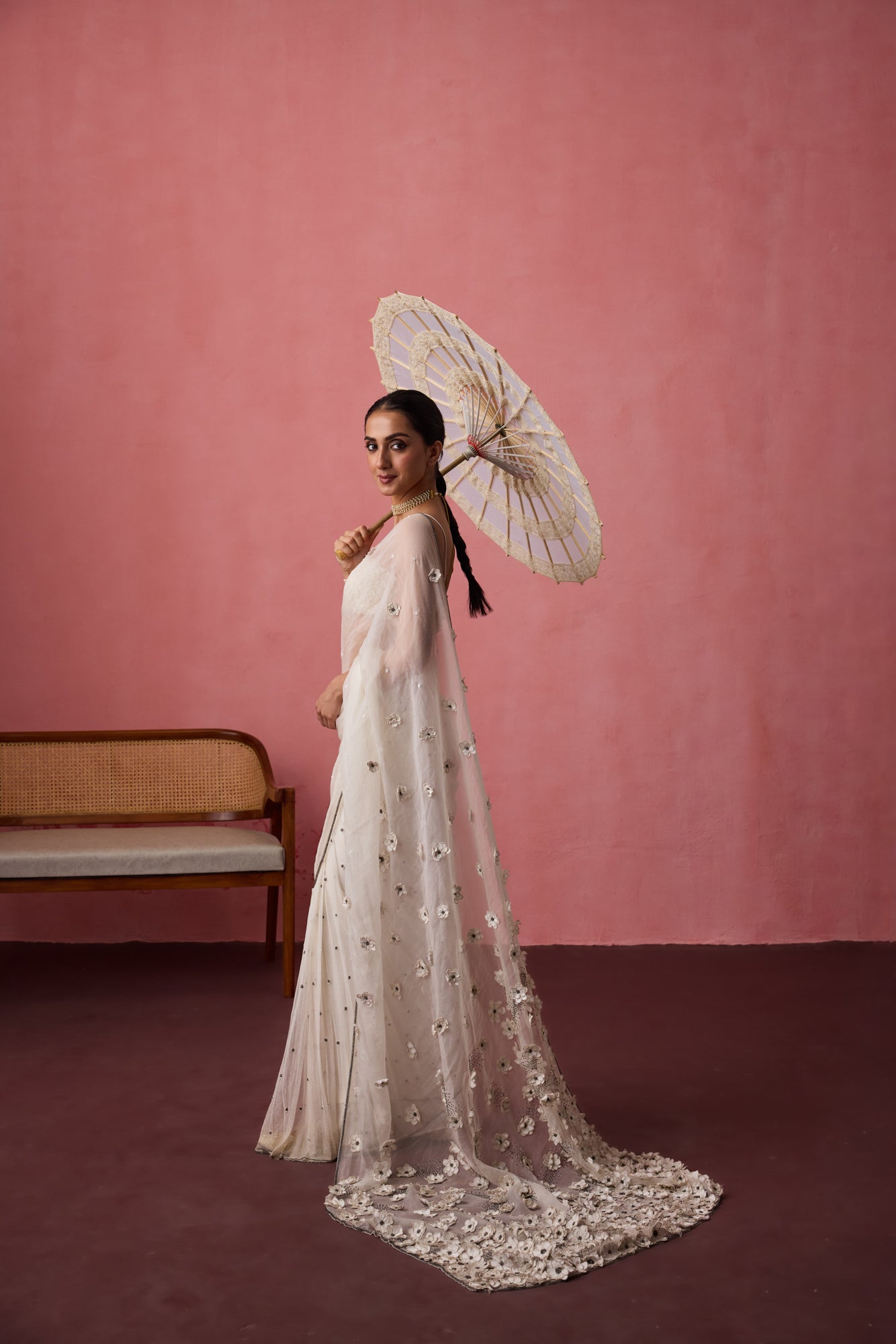 White soft net & organza blooming flower embroidered saree paired with unstitched & unembroidered soft net fabric